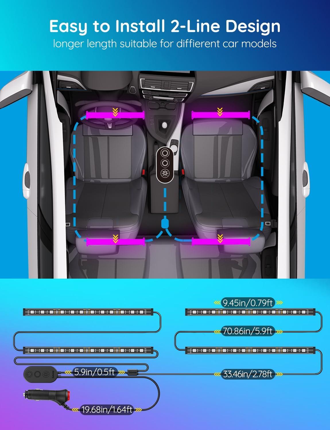 imageGovee Car LED Lights Smart Car Interior Lights with App Control RGB Lights with DIY Mode and Music Mode 2 Lines Design LED Lights for Cars with Car Charger 12V