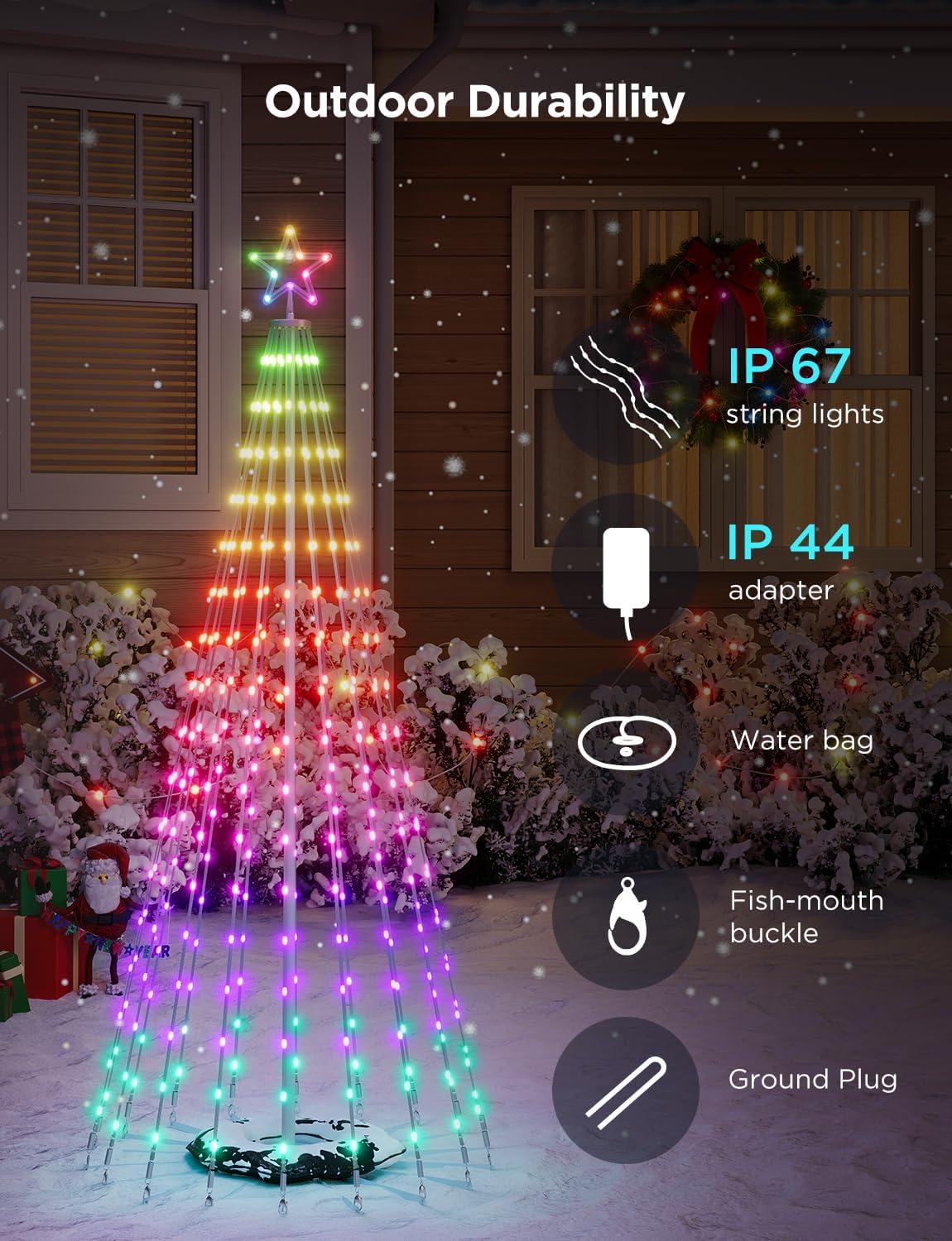 imageGovee Christmas Cone Tree Lights 6ft 316 LEDs RGBIC Christmas Tree Lights with Smart App Control IP67 Waterproof Outdoor String Lights for Xmas Decorations 82 Scene Modes Music Sync Black StandWhite