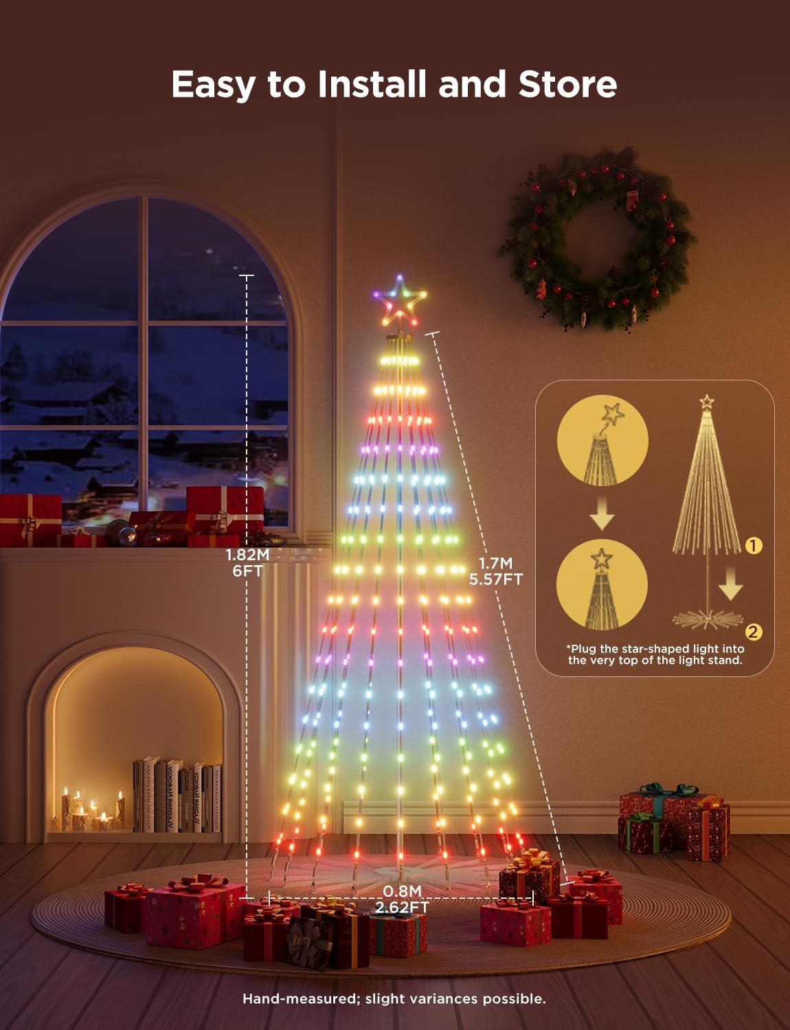 imageGovee Christmas Cone Tree Lights 6ft 316 LEDs RGBIC Christmas Tree Lights with Smart App Control IP67 Waterproof Outdoor String Lights for Xmas Decorations 82 Scene Modes Music Sync Black StandWhite