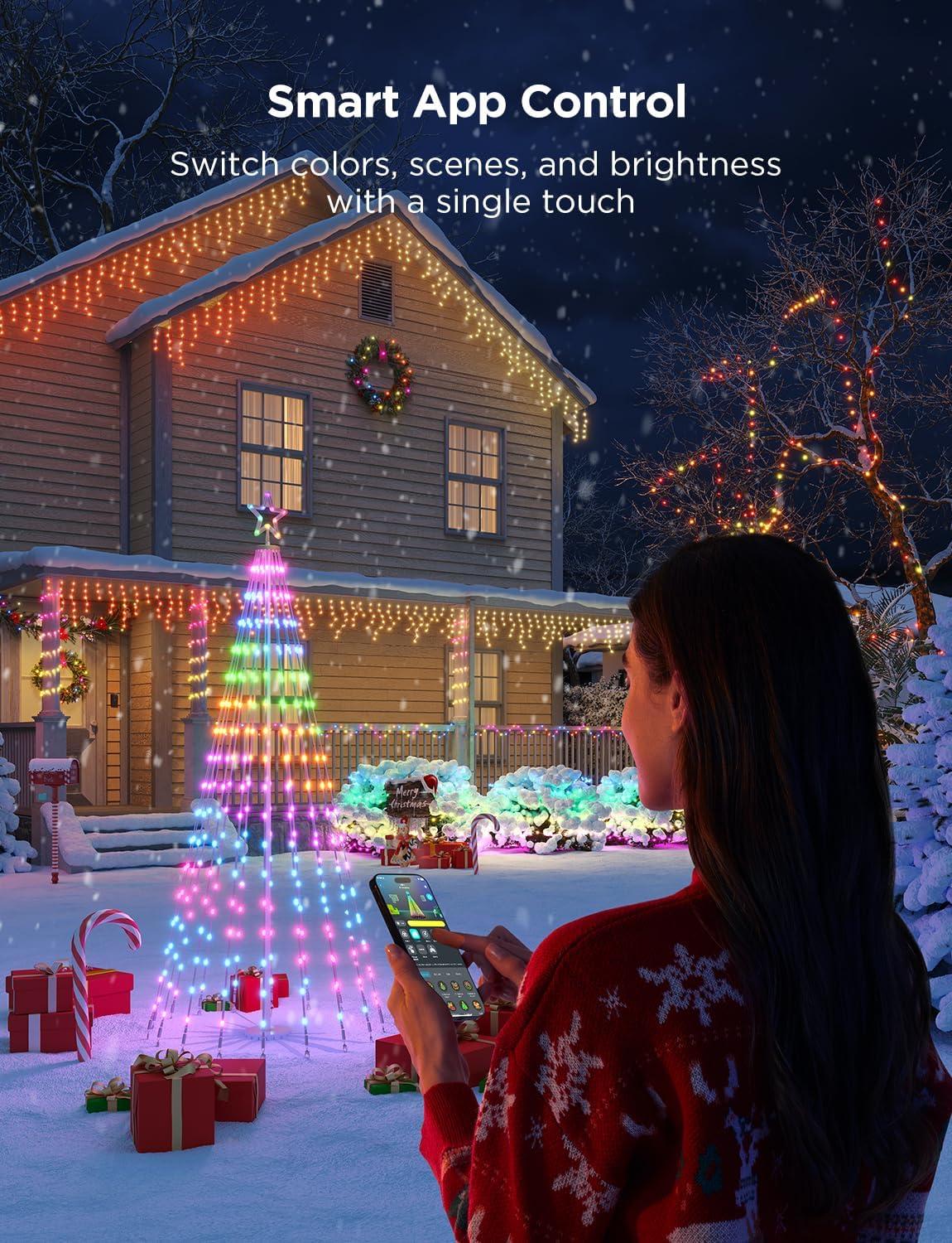 imageGovee Christmas Cone Tree Lights 6ft 316 LEDs RGBIC Christmas Tree Lights with Smart App Control IP67 Waterproof Outdoor String Lights for Xmas Decorations 82 Scene Modes Music Sync Black StandWhite