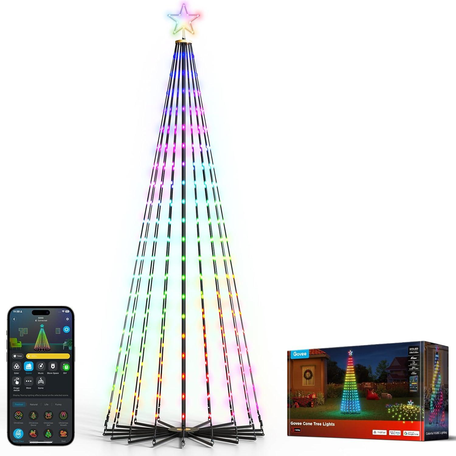 imageGovee Christmas Cone Tree Lights 6ft 316 LEDs RGBIC Christmas Tree Lights with Smart App Control IP67 Waterproof Outdoor String Lights for Xmas Decorations 82 Scene Modes Music Sync Black StandBlack