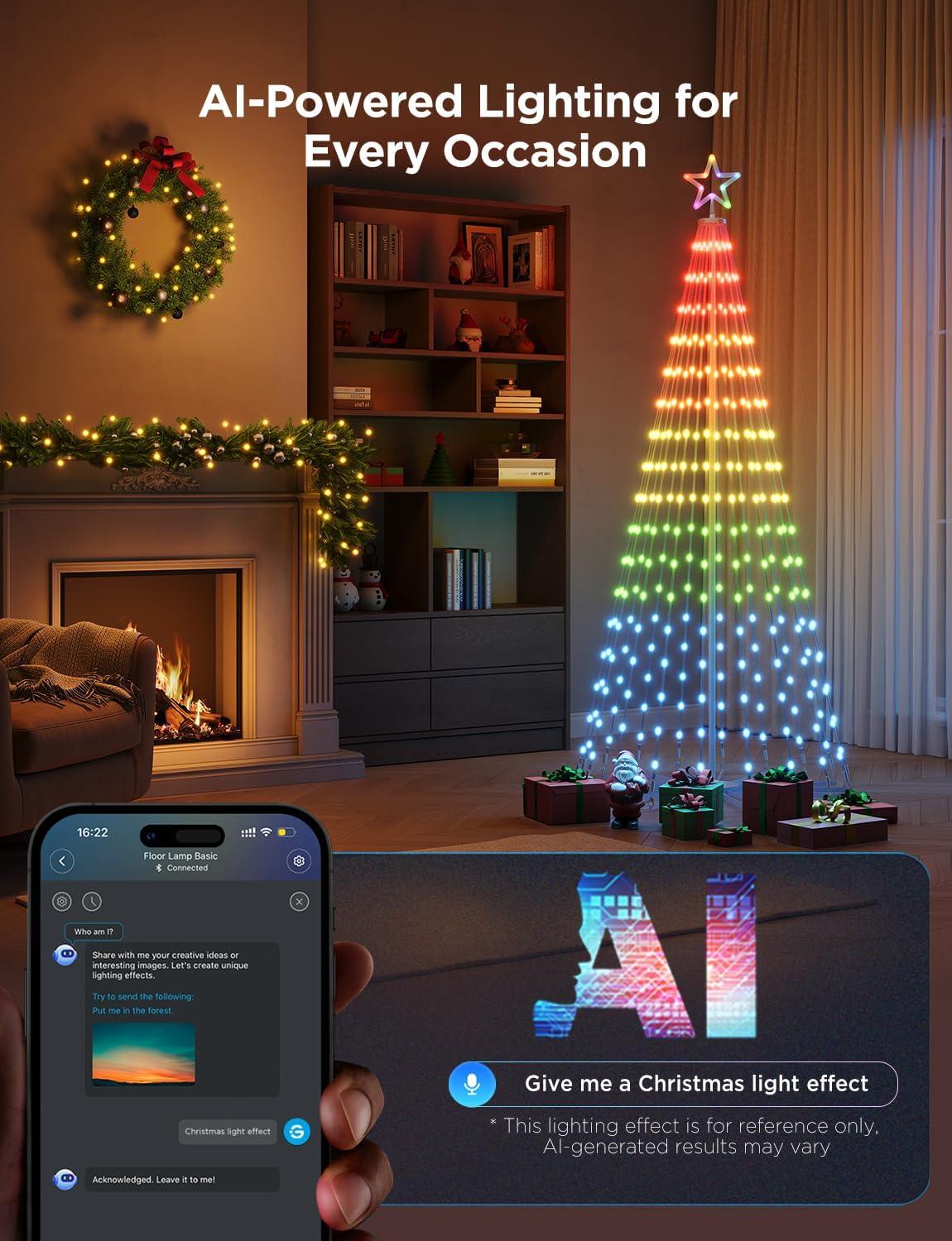 imageGovee Christmas Cone Tree Lights 6ft 316 LEDs RGBIC Christmas Tree Lights with Smart App Control IP67 Waterproof Outdoor String Lights for Xmas Decorations 82 Scene Modes Music Sync Black StandWhite