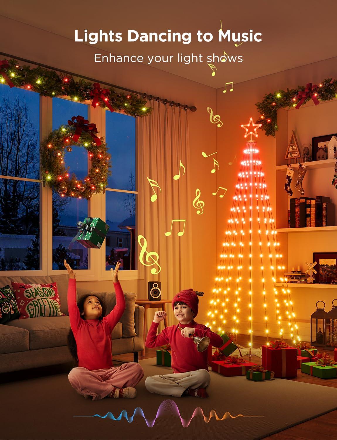 imageGovee Christmas Cone Tree Lights 6ft 316 LEDs RGBIC Christmas Tree Lights with Smart App Control IP67 Waterproof Outdoor String Lights for Xmas Decorations 82 Scene Modes Music Sync Black StandWhite