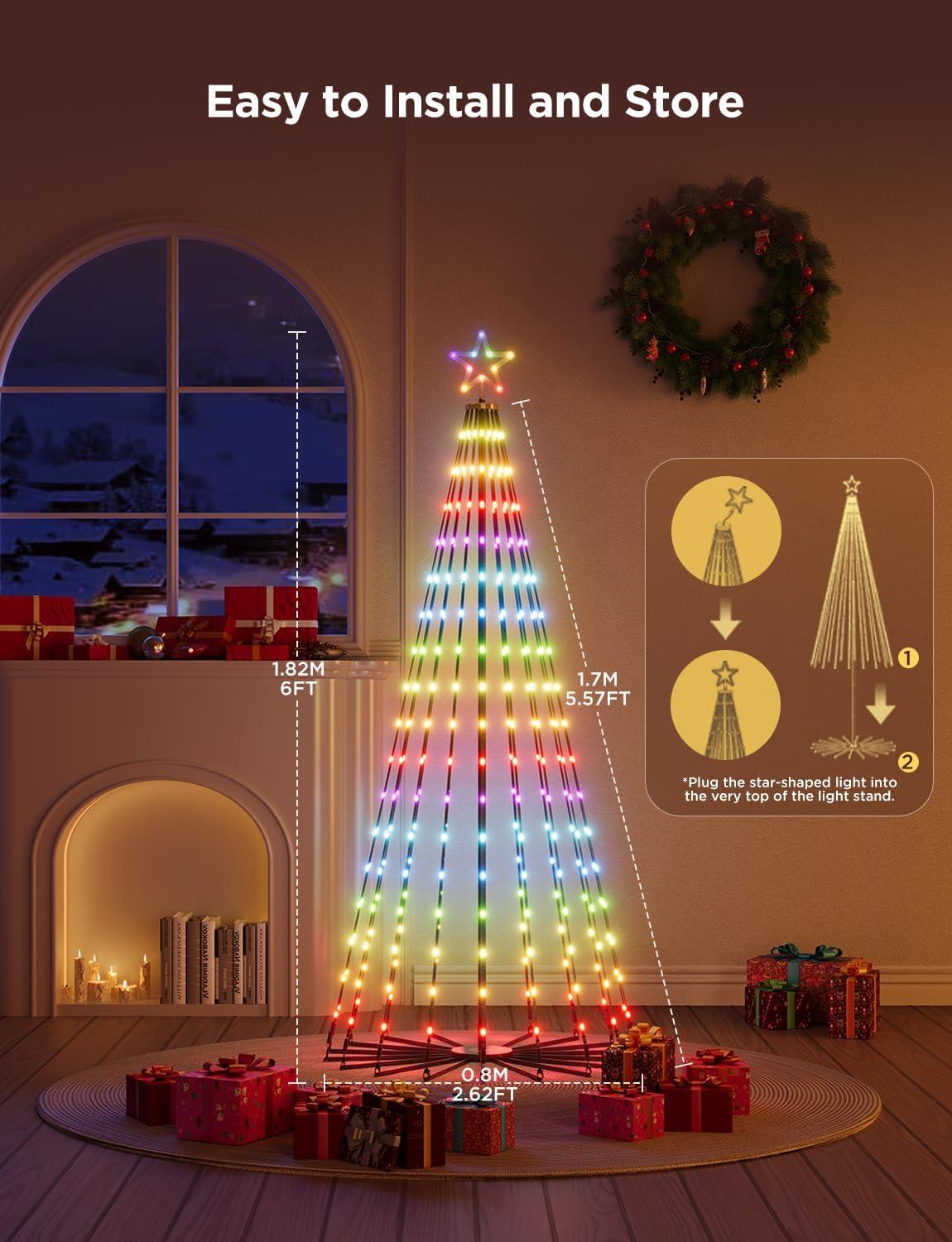 imageGovee Christmas Cone Tree Lights 6ft 316 LEDs RGBIC Christmas Tree Lights with Smart App Control IP67 Waterproof Outdoor String Lights for Xmas Decorations 82 Scene Modes Music Sync Black StandBlack