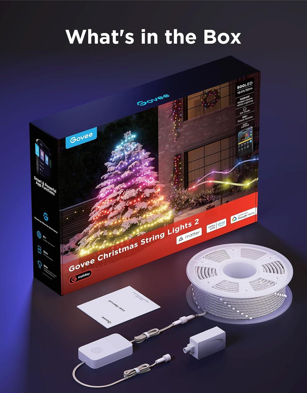 imageGovee Christmas Lights 2 RGBWIC 99FT 300LEDs Holiday String Lights with Shape Mapping Function Smart LED Decoration for Indoor Outdoor Tree 130 Preset Scenes Voice and APP Control Green WireClear
