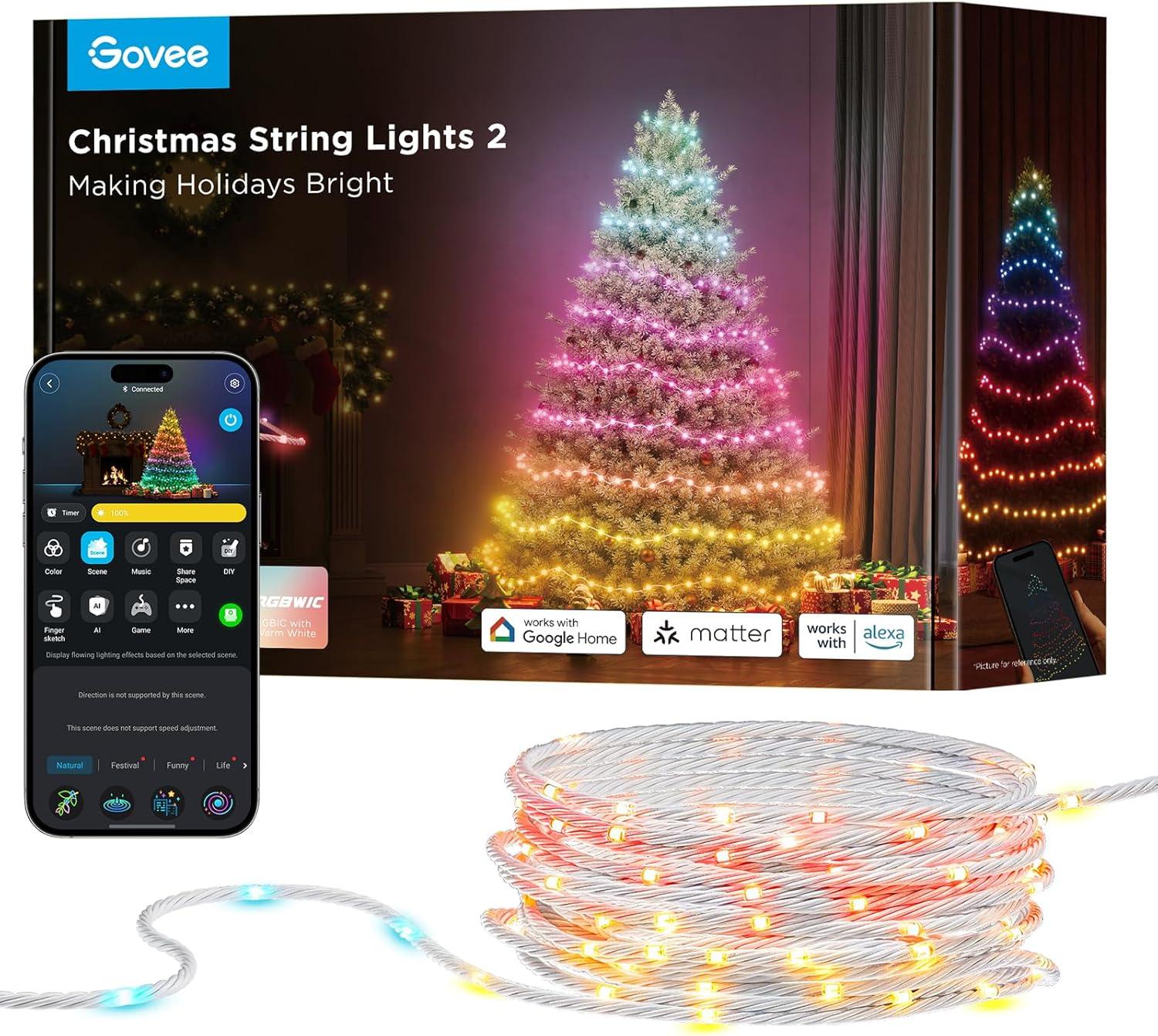 imageGovee Christmas Lights 2 RGBWIC 99FT 300LEDs Holiday String Lights with Shape Mapping Function Smart LED Decoration for Indoor Outdoor Tree 130 Preset Scenes Voice and APP Control Green WireClear