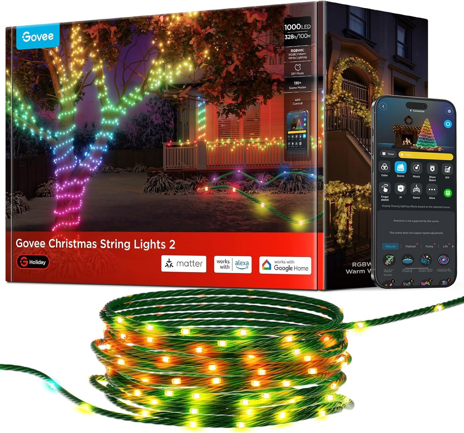 imageGovee Christmas Lights 2 RGBWIC 99FT 300LEDs Holiday String Lights with Shape Mapping Function Smart LED Decoration for Indoor Outdoor Tree 130 Preset Scenes Voice and APP Control Green WireGreen