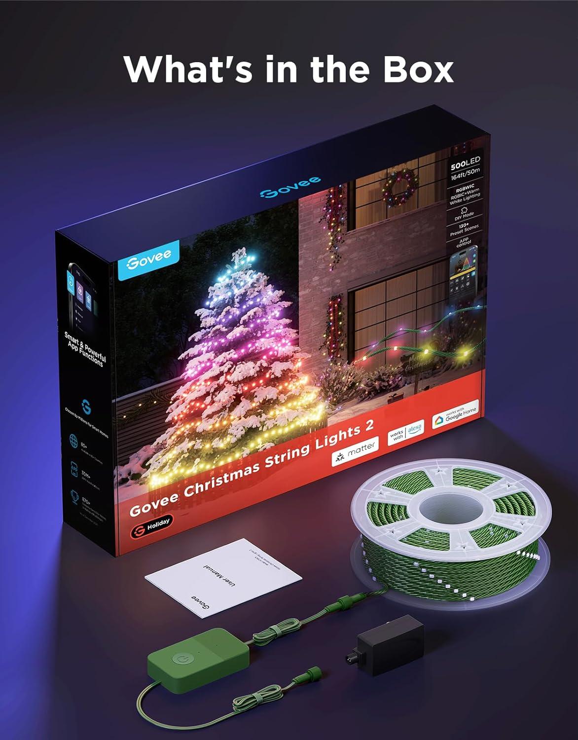 imageGovee Christmas Lights 2 RGBWIC 99FT 300LEDs Holiday String Lights with Shape Mapping Function Smart LED Decoration for Indoor Outdoor Tree 130 Preset Scenes Voice and APP Control Green WireGreen