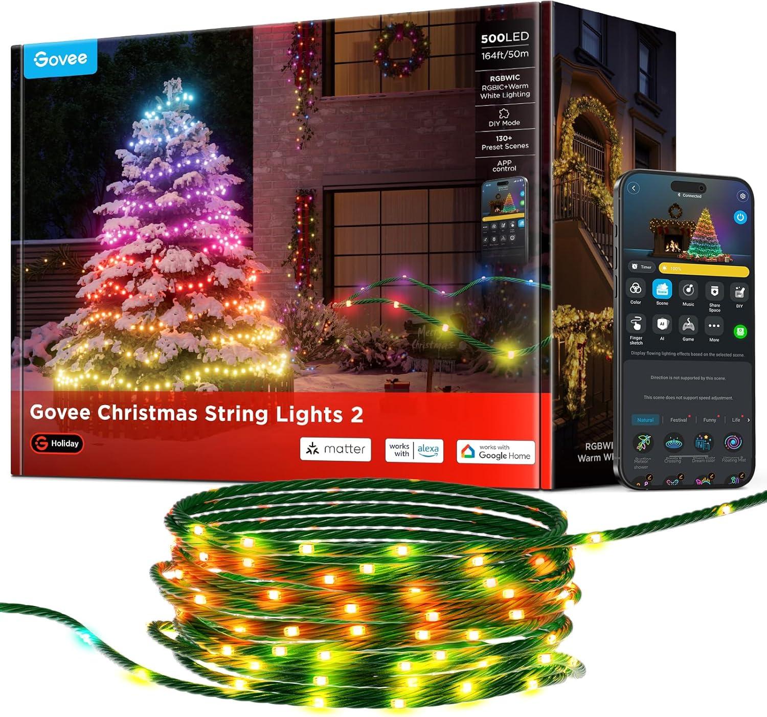 imageGovee Christmas Lights 2 RGBWIC 99FT 300LEDs Holiday String Lights with Shape Mapping Function Smart LED Decoration for Indoor Outdoor Tree 130 Preset Scenes Voice and APP Control Green WireGreen
