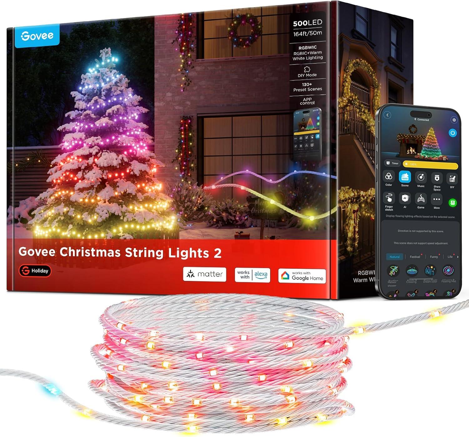 imageGovee Christmas Lights 2 RGBWIC 99FT 300LEDs Holiday String Lights with Shape Mapping Function Smart LED Decoration for Indoor Outdoor Tree 130 Preset Scenes Voice and APP Control Green WireClear