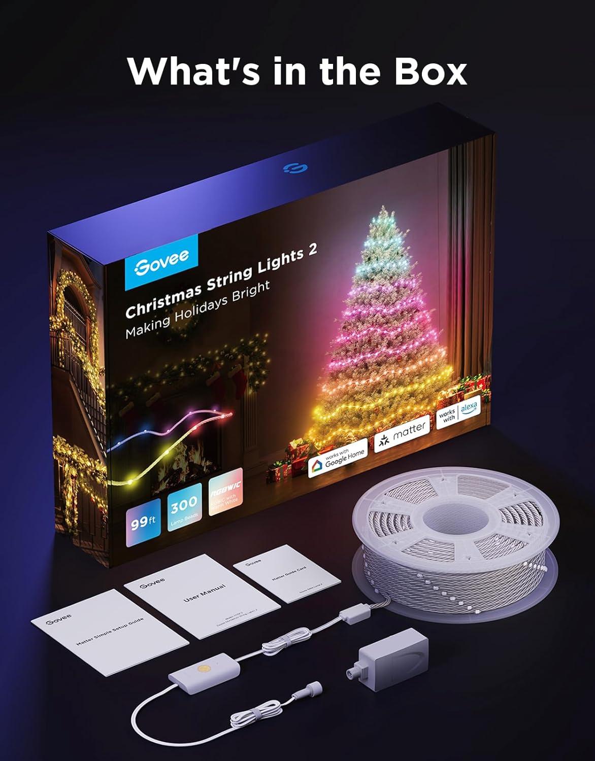 imageGovee Christmas Lights 2 RGBWIC 99FT 300LEDs Holiday String Lights with Shape Mapping Function Smart LED Decoration for Indoor Outdoor Tree 130 Preset Scenes Voice and APP Control Green WireClear