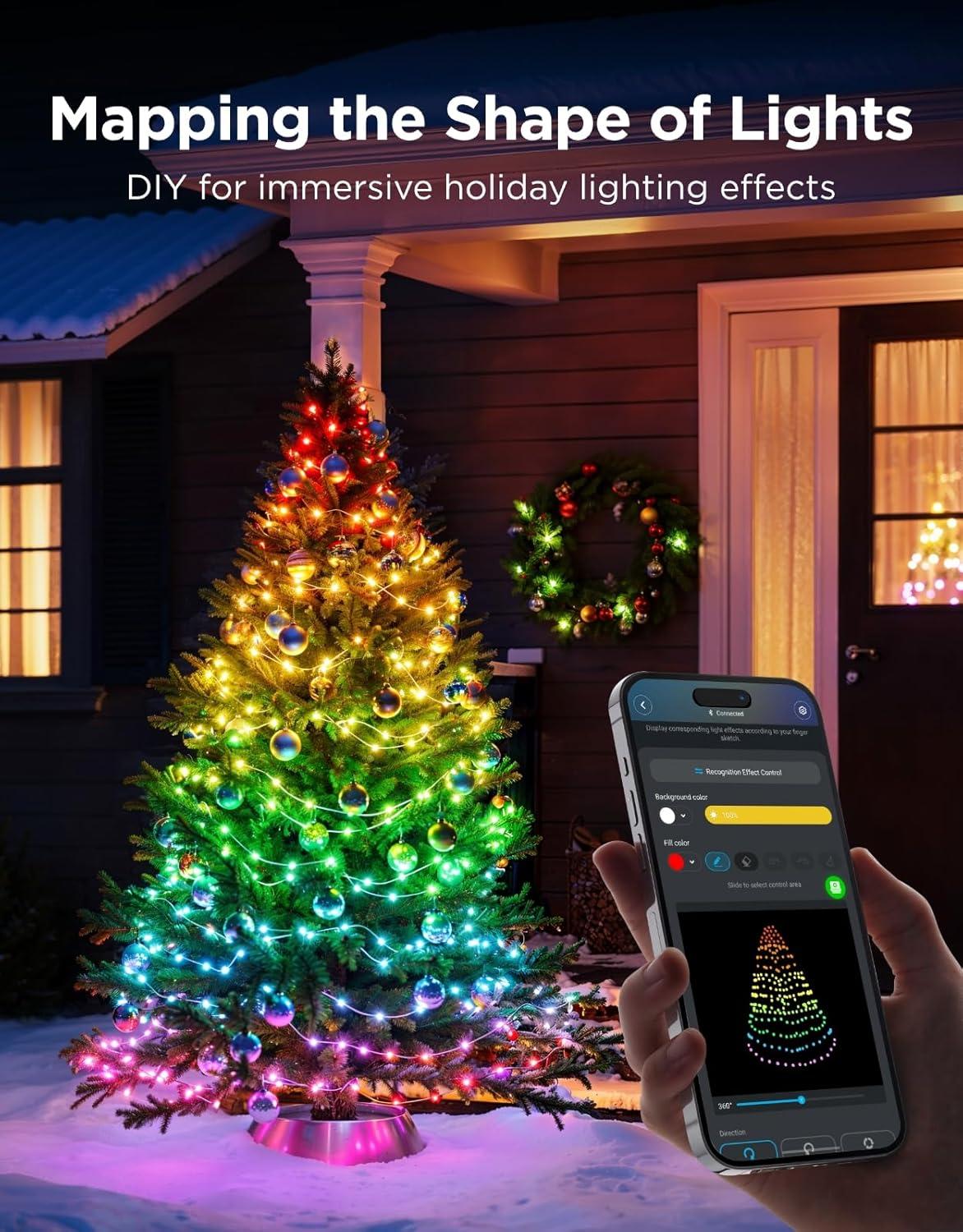 imageGovee Christmas Lights 2 RGBWIC 99FT 300LEDs Holiday String Lights with Shape Mapping Function Smart LED Decoration for Indoor Outdoor Tree 130 Preset Scenes Voice and APP Control Green WireClear