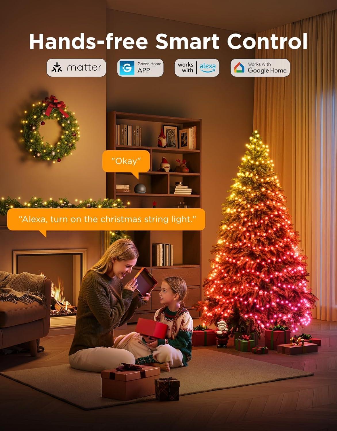 imageGovee Christmas Lights 2 RGBWIC 99FT 300LEDs Holiday String Lights with Shape Mapping Function Smart LED Decoration for Indoor Outdoor Tree 130 Preset Scenes Voice and APP Control Green WireClear