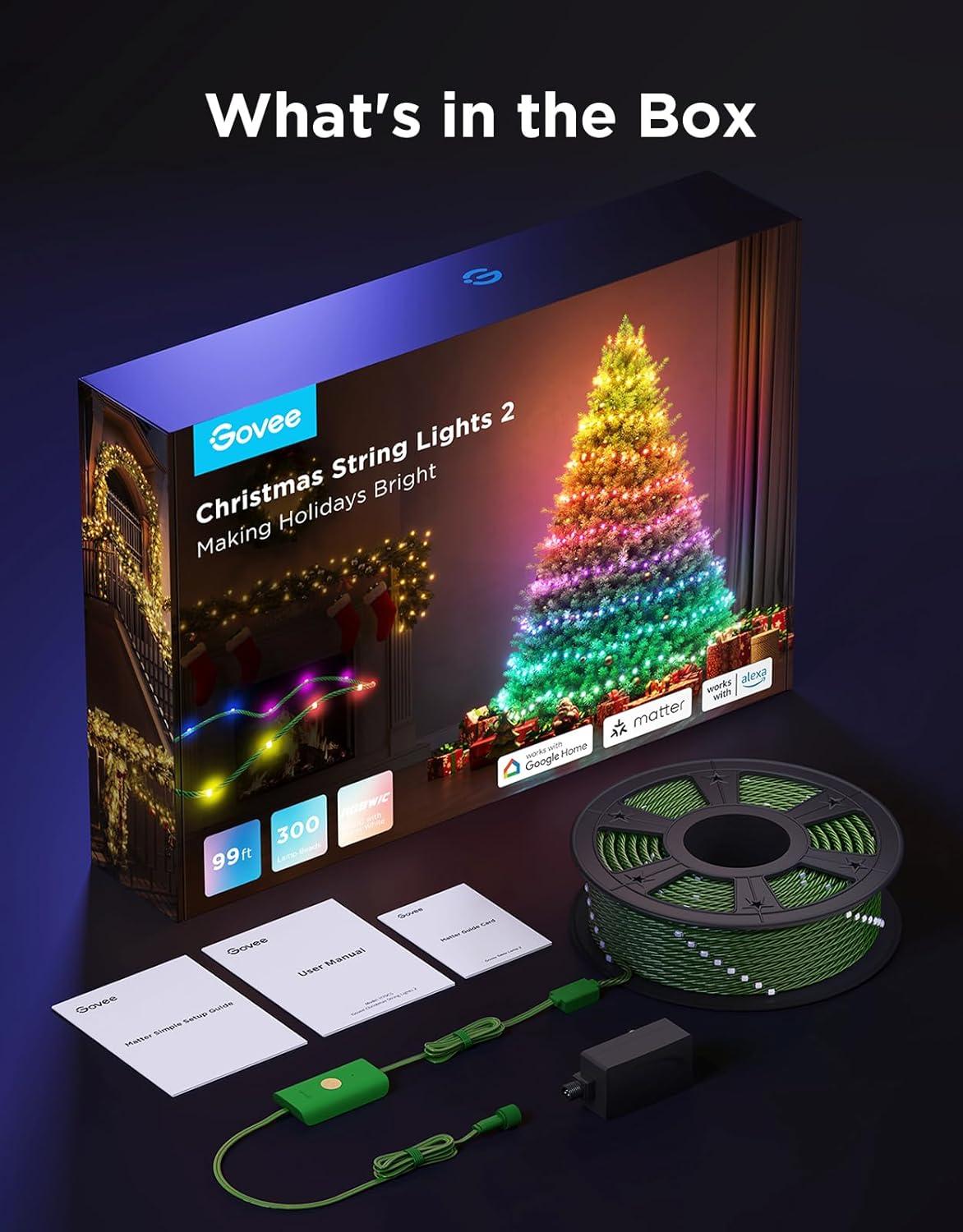 imageGovee Christmas Lights 2 RGBWIC 99FT 300LEDs Holiday String Lights with Shape Mapping Function Smart LED Decoration for Indoor Outdoor Tree 130 Preset Scenes Voice and APP Control Green WireGreen