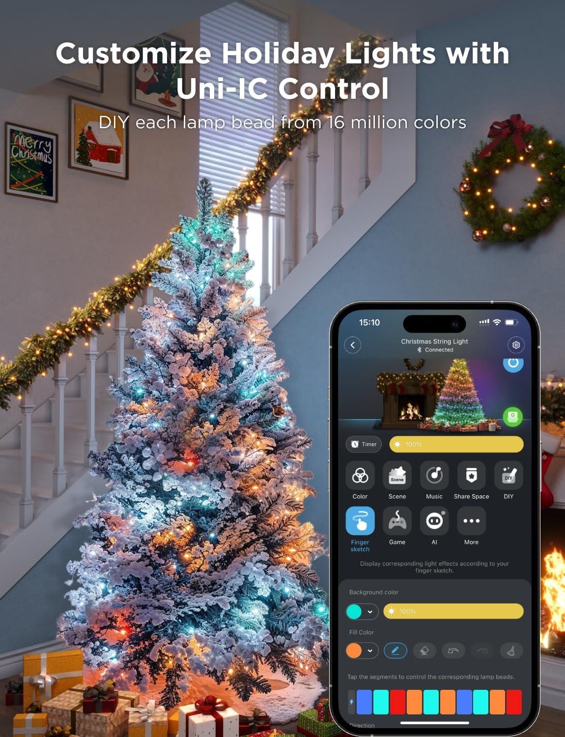 imageGovee Christmas Lights 66ft Smart RGBIC String Lights AppControlled 125 Scene Modes IP65 Waterproof Sync with Music Works with Alexa Holiday Party Decorations Indoor Outdoor66ft
