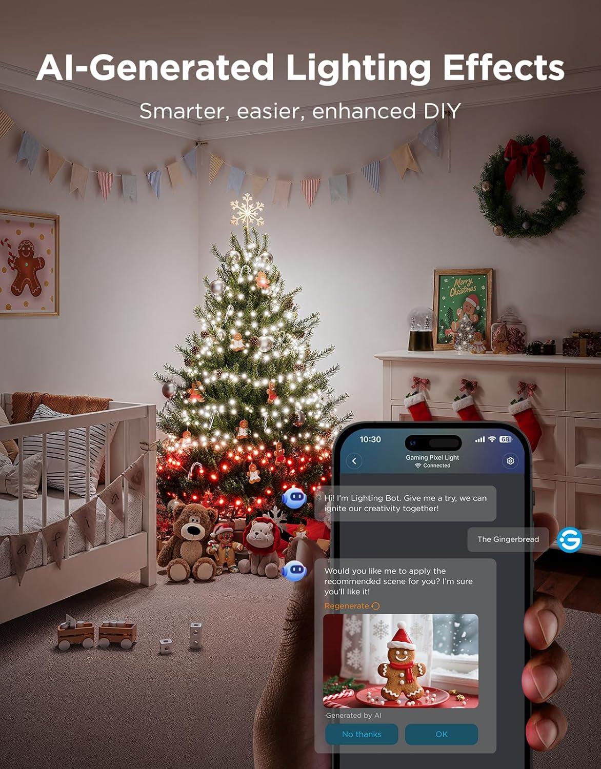 imageGovee Christmas Sparkle String Lights 66ft RGBWIC String Lights with 250 BulletHead LEDs AppControlled 140 Scene Modes Shape Mapping Music Sync Works with Alexa Indoor Holiday Decorations99ft