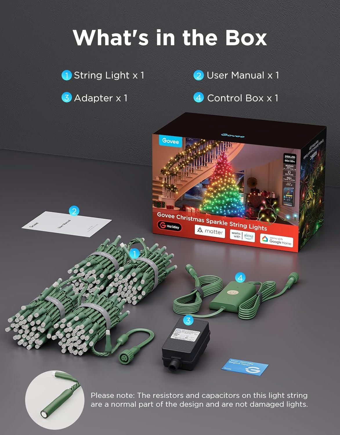 imageGovee Christmas Sparkle String Lights 66ft RGBWIC String Lights with 250 BulletHead LEDs AppControlled 140 Scene Modes Shape Mapping Music Sync Works with Alexa Indoor Holiday Decorations66ft