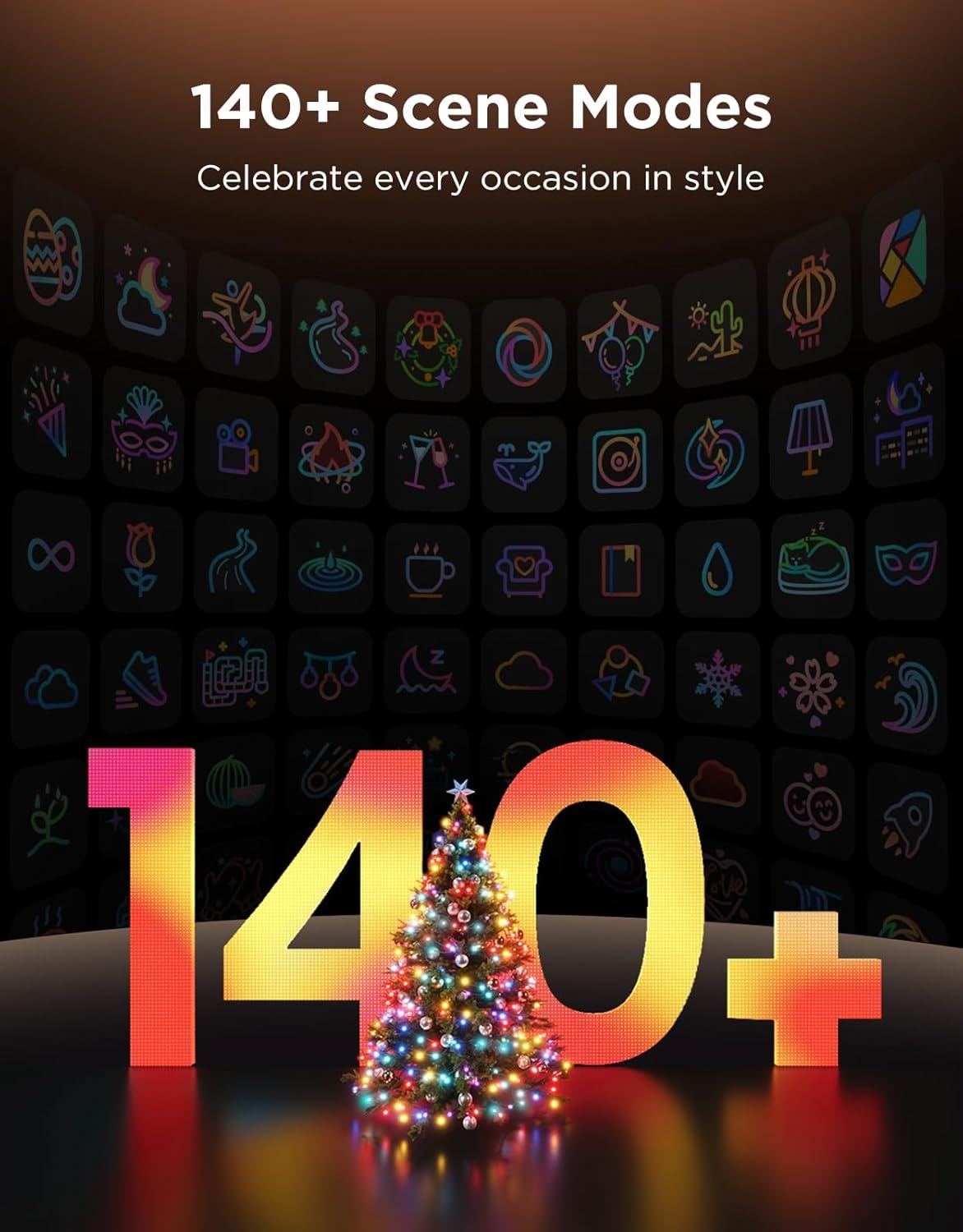 imageGovee Christmas Sparkle String Lights 66ft RGBWIC String Lights with 250 BulletHead LEDs AppControlled 140 Scene Modes Shape Mapping Music Sync Works with Alexa Indoor Holiday Decorations66ft