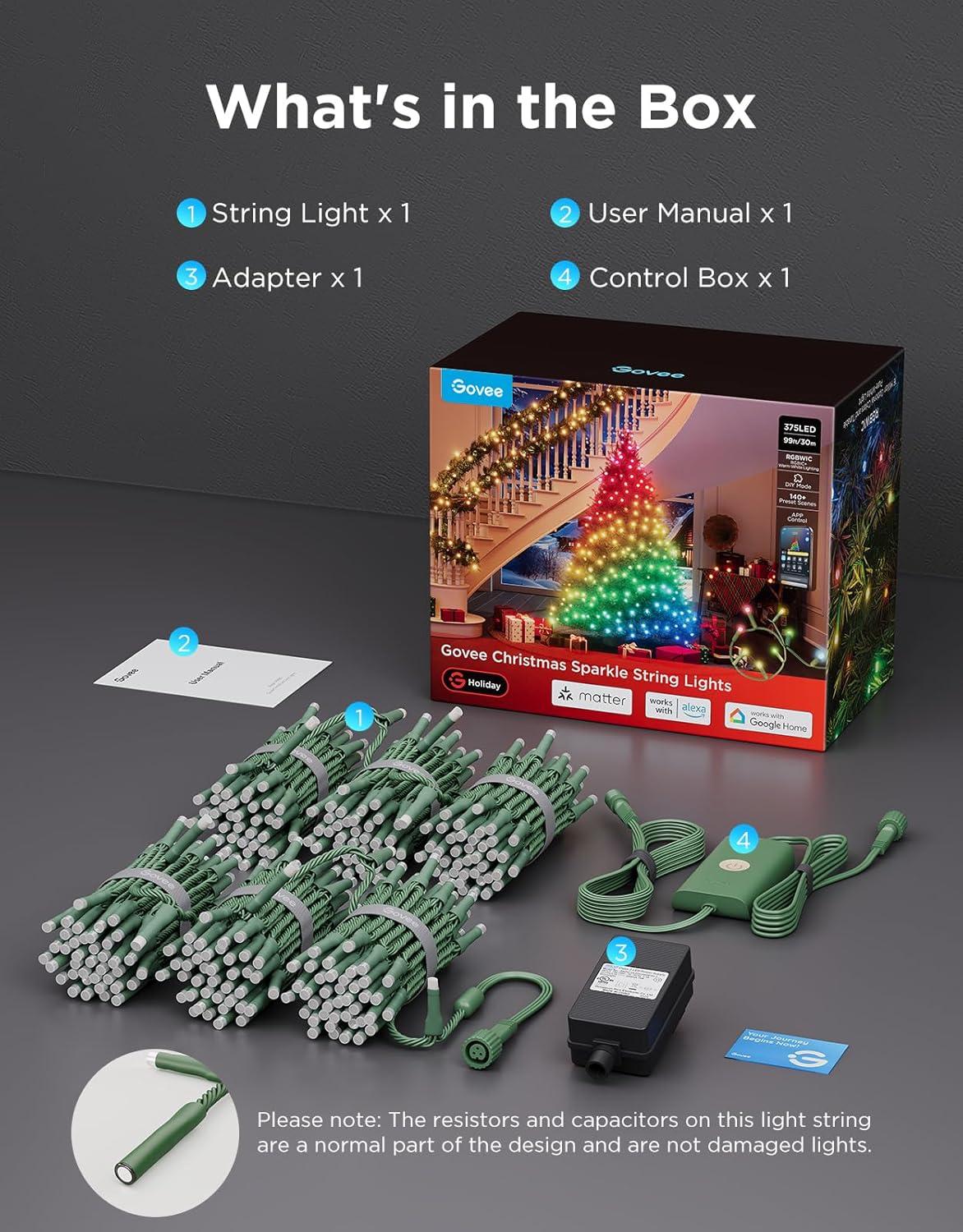 imageGovee Christmas Sparkle String Lights 66ft RGBWIC String Lights with 250 BulletHead LEDs AppControlled 140 Scene Modes Shape Mapping Music Sync Works with Alexa Indoor Holiday Decorations99ft