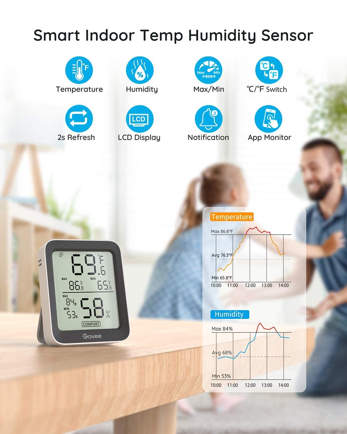 imageGovee Digital Hygrometer Indoor Thermometer Room H5075 Bluetooth Temperature Humidity Meter with 164ft Remote App Control Notification Alerts 2 Years Data Storage Export for Bedroom Wine CellarBlack