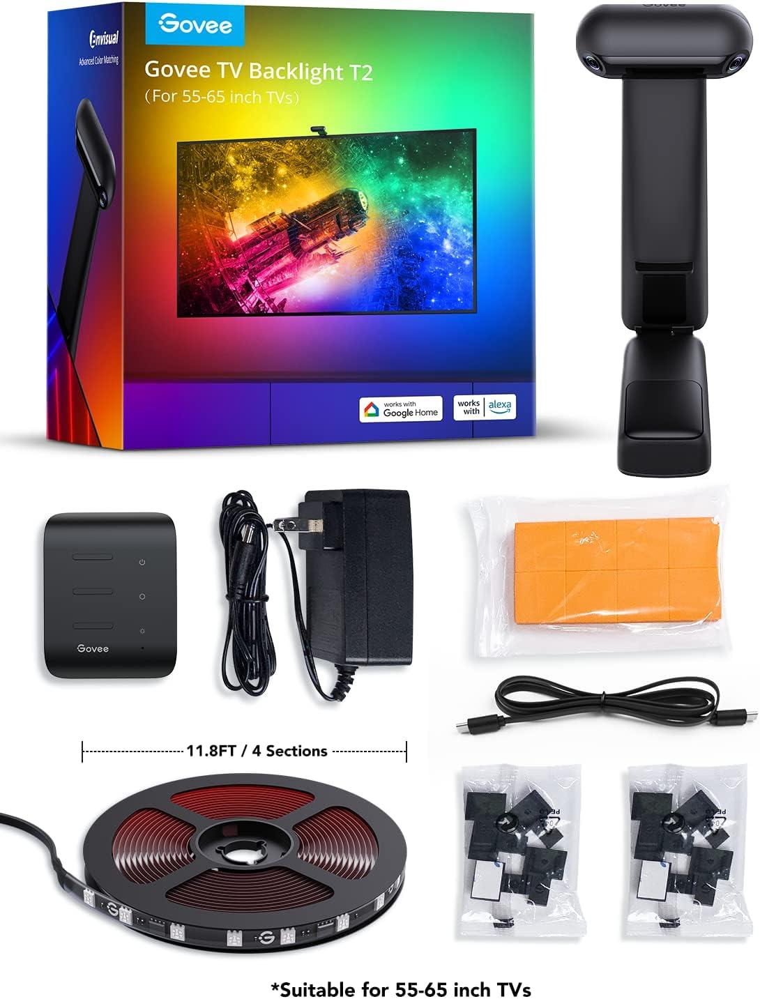 imageGovee Envisual TV LED Backlight T2 with Dual Cameras 118ft RGBIC WiFi LED Strip Lights for 5565 inch TVs Double Strip Light Beads for Home Decorations Smart App Control Music Sync118FT for 5565 TV