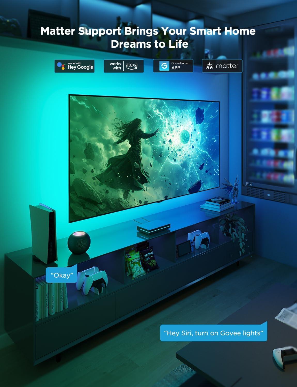 imageGovee HDMI 21 Sync Box 2 AI Sync Box with TV Backlight Supports 8K60Hz 4K144Hz VRR and ALLM Works with Matter and Alexa RGBIC LED Light Strip for 5565 inch TVs 75 LEDsm163FT for 7585 TV