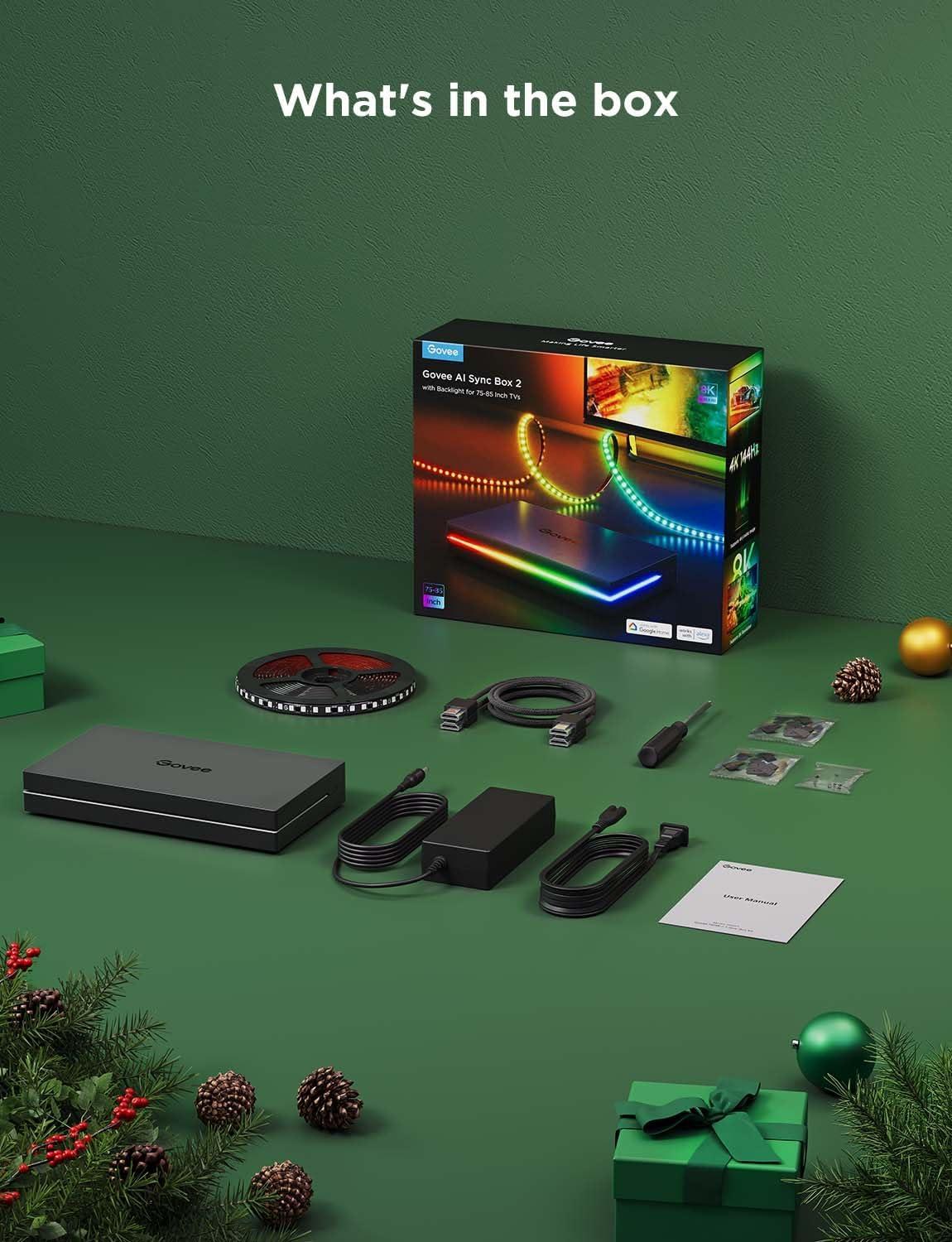 imageGovee HDMI 21 Sync Box 2 AI Sync Box with TV Backlight Supports 8K60Hz 4K144Hz VRR and ALLM Works with Matter and Alexa RGBIC LED Light Strip for 5565 inch TVs 75 LEDsm163FT for 7585 TV