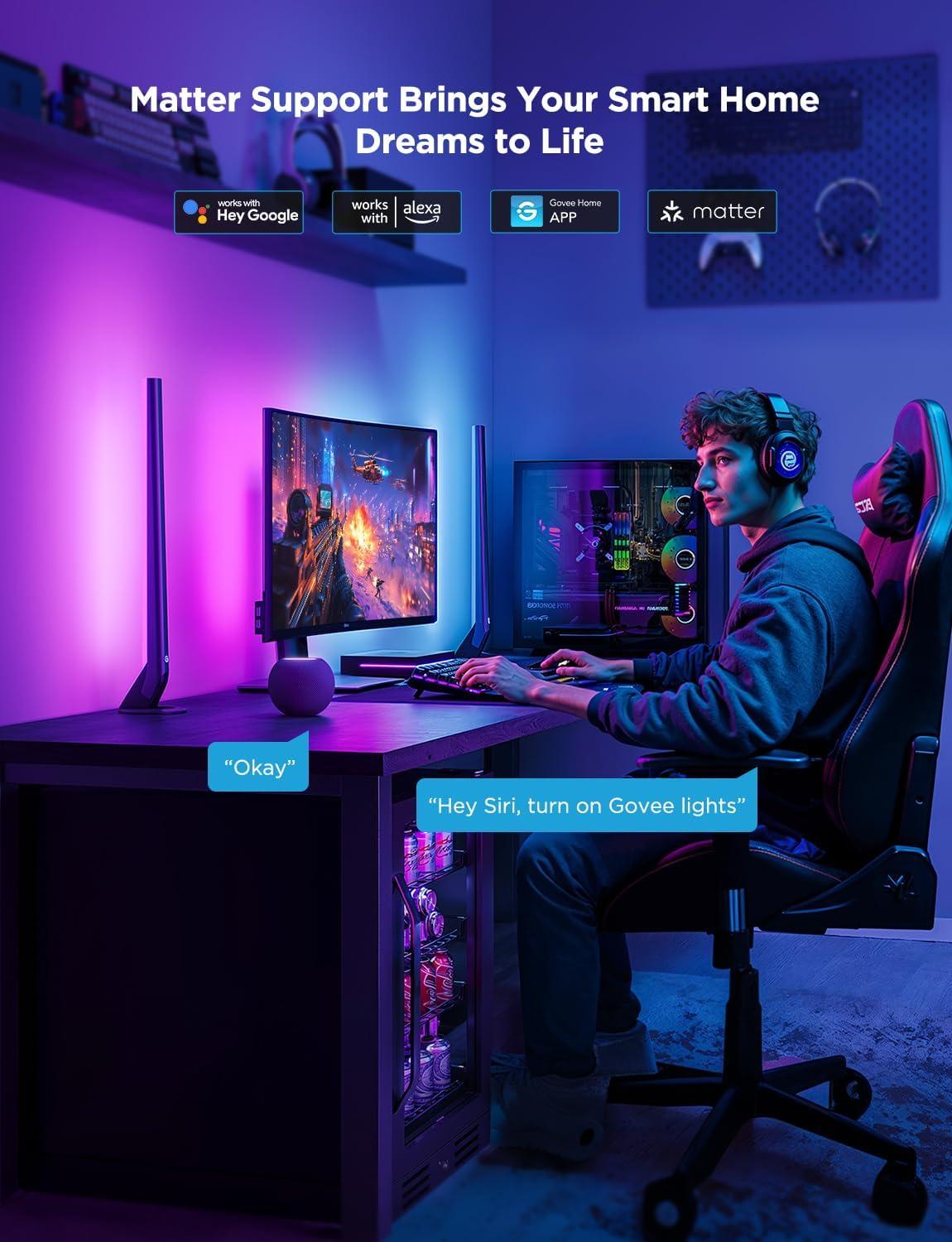 imageGovee HDMI 21 Sync Box Kit 2 Includes AI Sync Box Light Bars and Monitor Backlight Supports 8K60Hz 4K144Hz VRR and ALLM Works with Matter and Alexa RGBIC Light Strip for 2734 inch Monitor