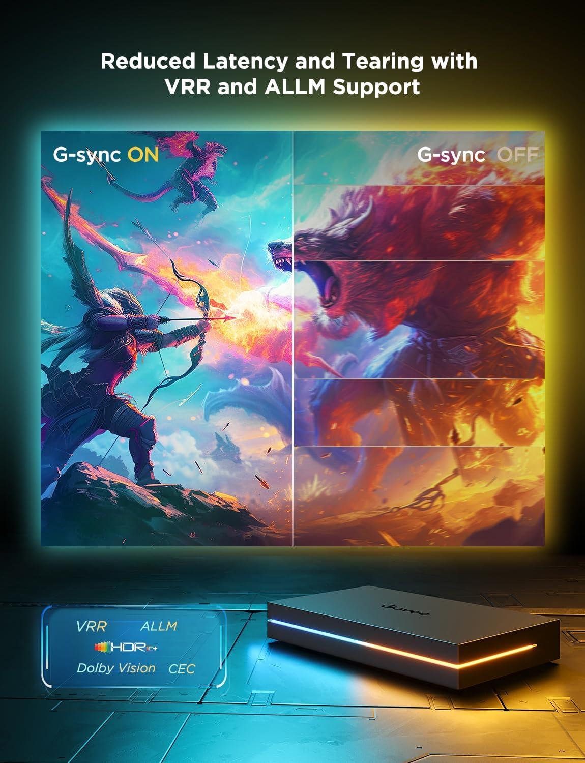 imageGovee HDMI 21 Sync Box Kit 2 Includes AI Sync Box Light Bars and Monitor Backlight Supports 8K60Hz 4K144Hz VRR and ALLM Works with Matter and Alexa RGBIC Light Strip for 2734 inch Monitor
