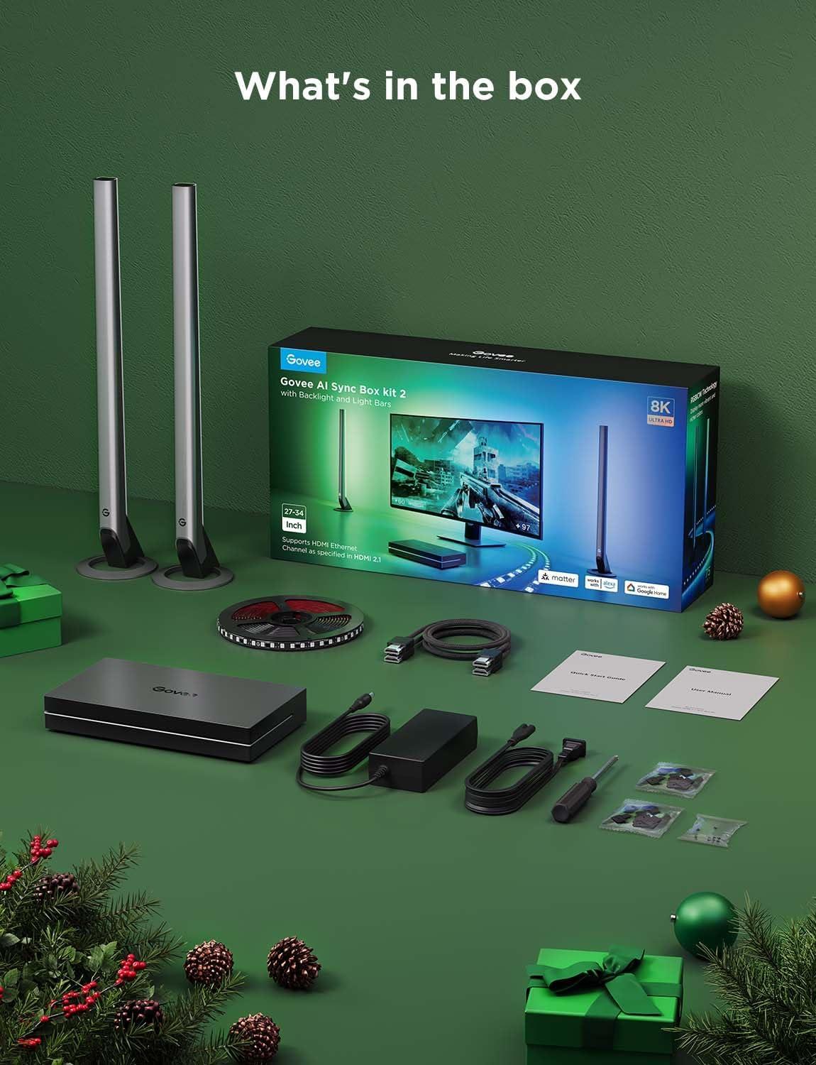 imageGovee HDMI 21 Sync Box Kit 2 Includes AI Sync Box Light Bars and Monitor Backlight Supports 8K60Hz 4K144Hz VRR and ALLM Works with Matter and Alexa RGBIC Light Strip for 2734 inch Monitor