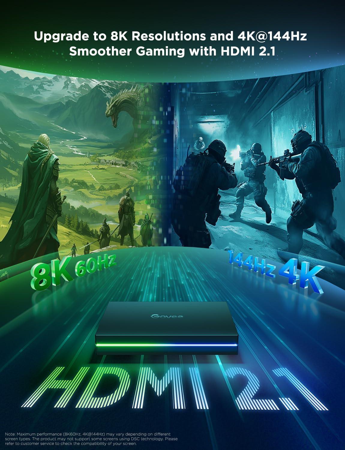 imageGovee HDMI 21 Sync Box Kit 2 Includes AI Sync Box Light Bars and Monitor Backlight Supports 8K60Hz 4K144Hz VRR and ALLM Works with Matter and Alexa RGBIC Light Strip for 2734 inch Monitor