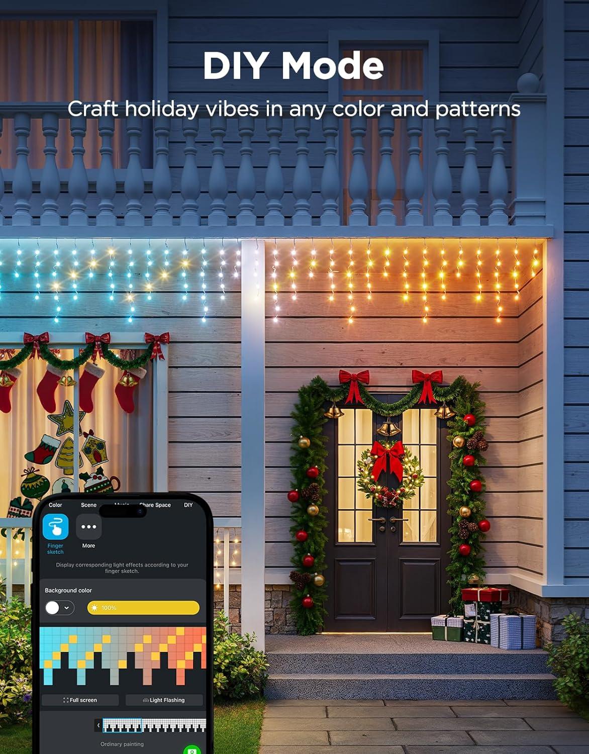 imageGovee Icicle Lights Smart RGBIC Christmas Lights for Outside 66ft with 800 LEDs Christmas Icicle Light for Outdoor IP67 Waterproof Music Sync Voice Control 78 Scene Modes for Holiday Decor66ft