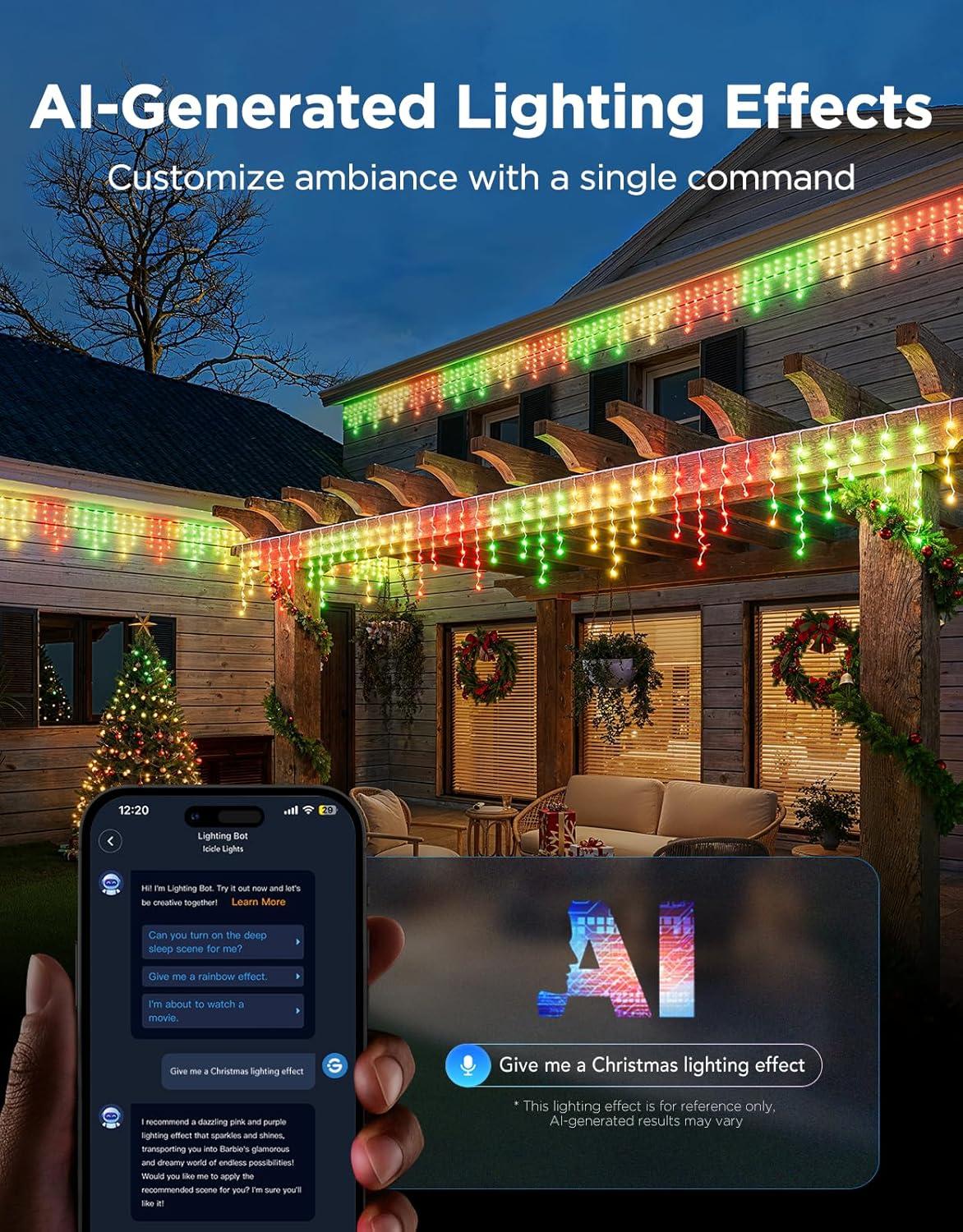 imageGovee Icicle Lights Smart RGBIC Christmas Lights for Outside 66ft with 800 LEDs Christmas Icicle Light for Outdoor IP67 Waterproof Music Sync Voice Control 78 Scene Modes for Holiday Decor33ft