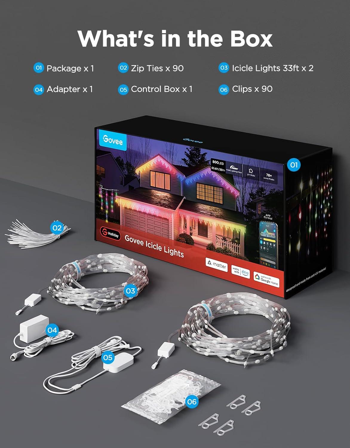 imageGovee Icicle Lights Smart RGBIC Christmas Lights for Outside 66ft with 800 LEDs Christmas Icicle Light for Outdoor IP67 Waterproof Music Sync Voice Control 78 Scene Modes for Holiday Decor66ft