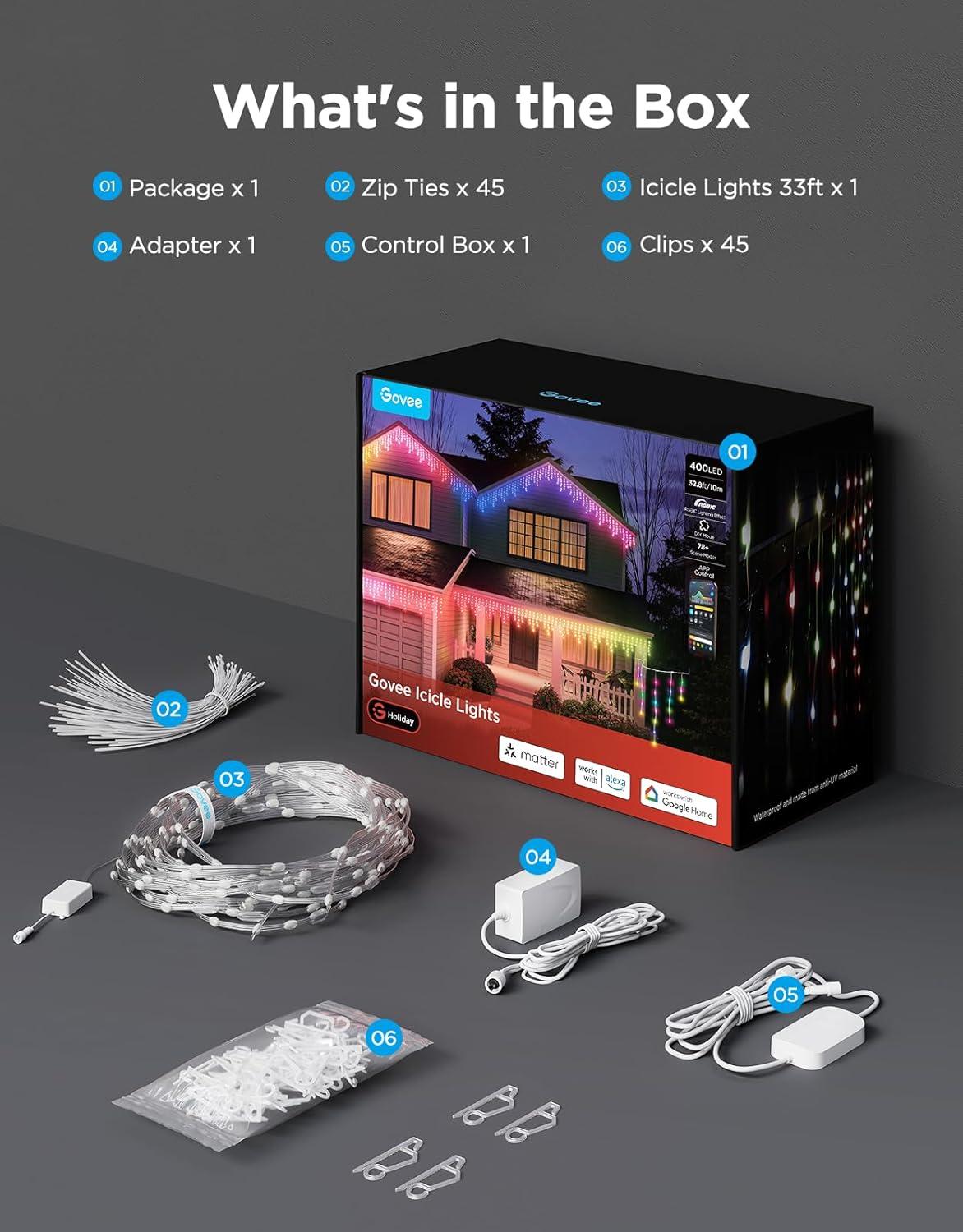 imageGovee Icicle Lights Smart RGBIC Christmas Lights for Outside 66ft with 800 LEDs Christmas Icicle Light for Outdoor IP67 Waterproof Music Sync Voice Control 78 Scene Modes for Holiday Decor33ft