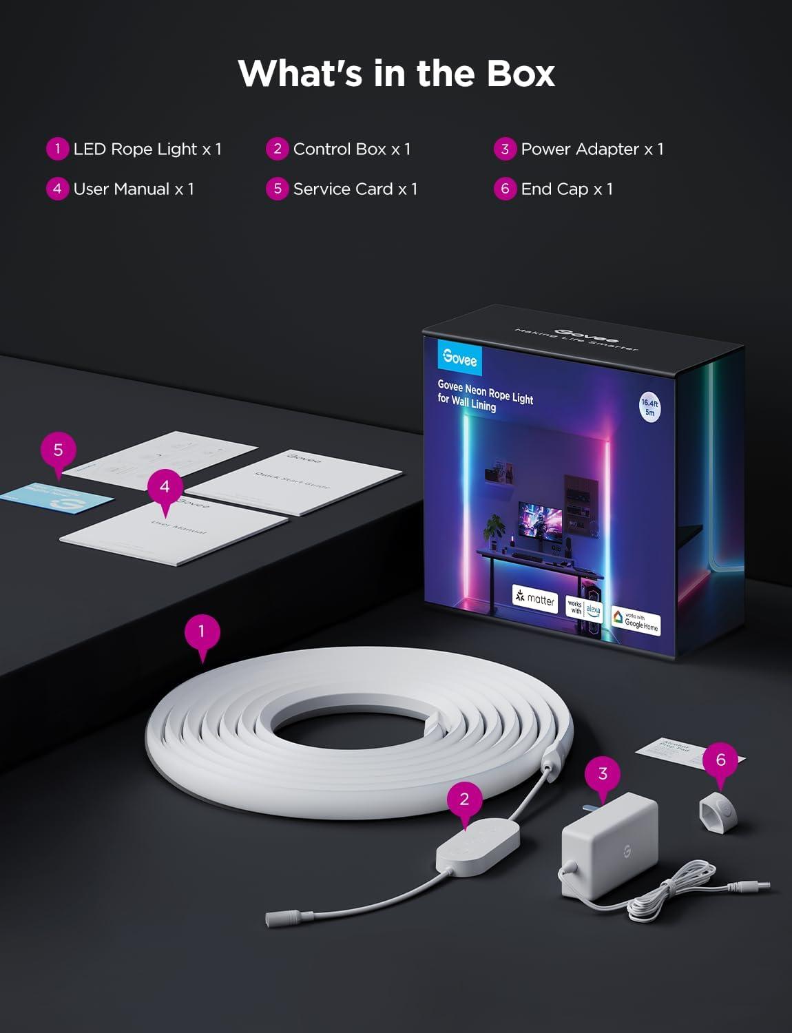 imageGovee Neon Rope Light for Wall Lining LED Rope Lights Work with Matter Google Assistant Alexa 164ft RGBIC Strip Lights with Smart App Control and Music Sync for Living Room Bedroom Wall Corners