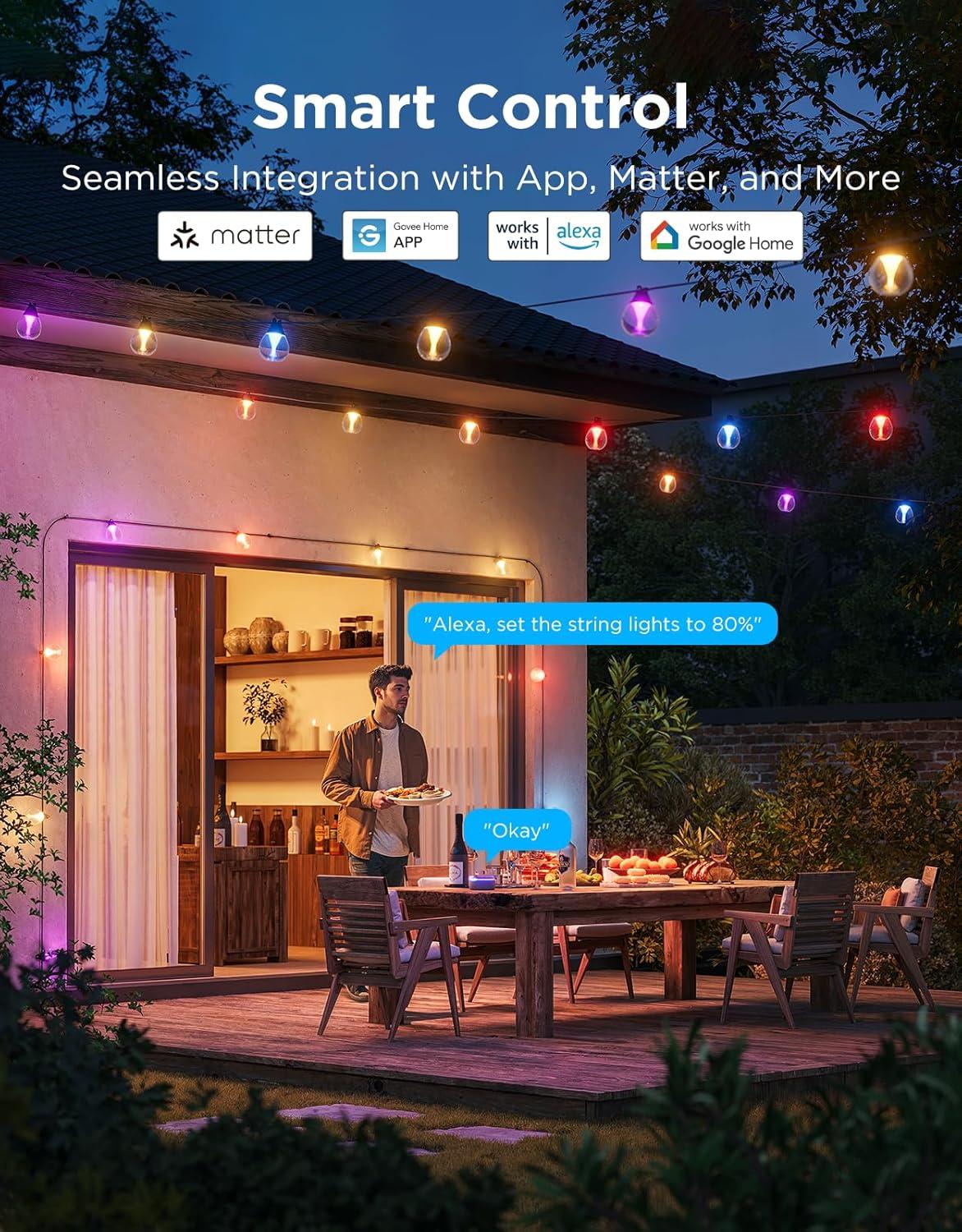 imageGovee Outdoor Clear Bulb String Lights 48ft RGBWIC Outdoor Lights with 15 Dimmable Warm White LED Bulbs 111 Scene Modes for Patio Backyard IP67 Waterproof Works with Alexa Google ampamp Matter48ft