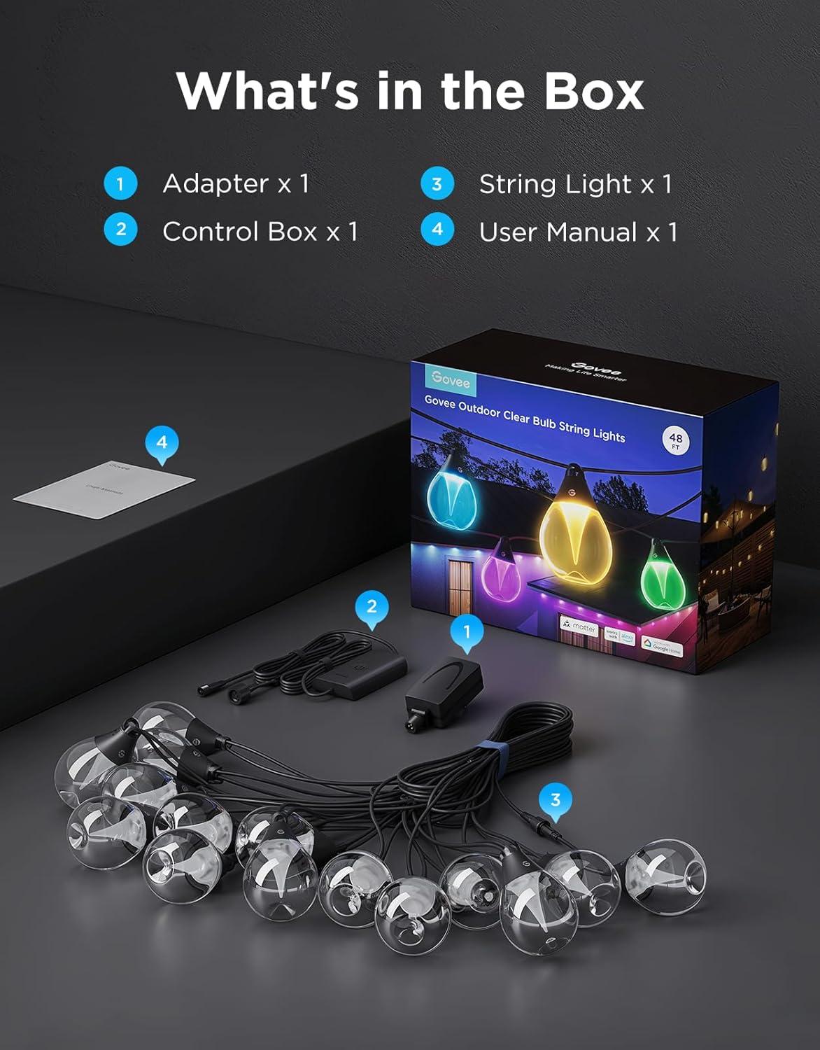 imageGovee Outdoor Clear Bulb String Lights 48ft RGBWIC Outdoor Lights with 15 Dimmable Warm White LED Bulbs 111 Scene Modes for Patio Backyard IP67 Waterproof Works with Alexa Google ampamp Matter48ft