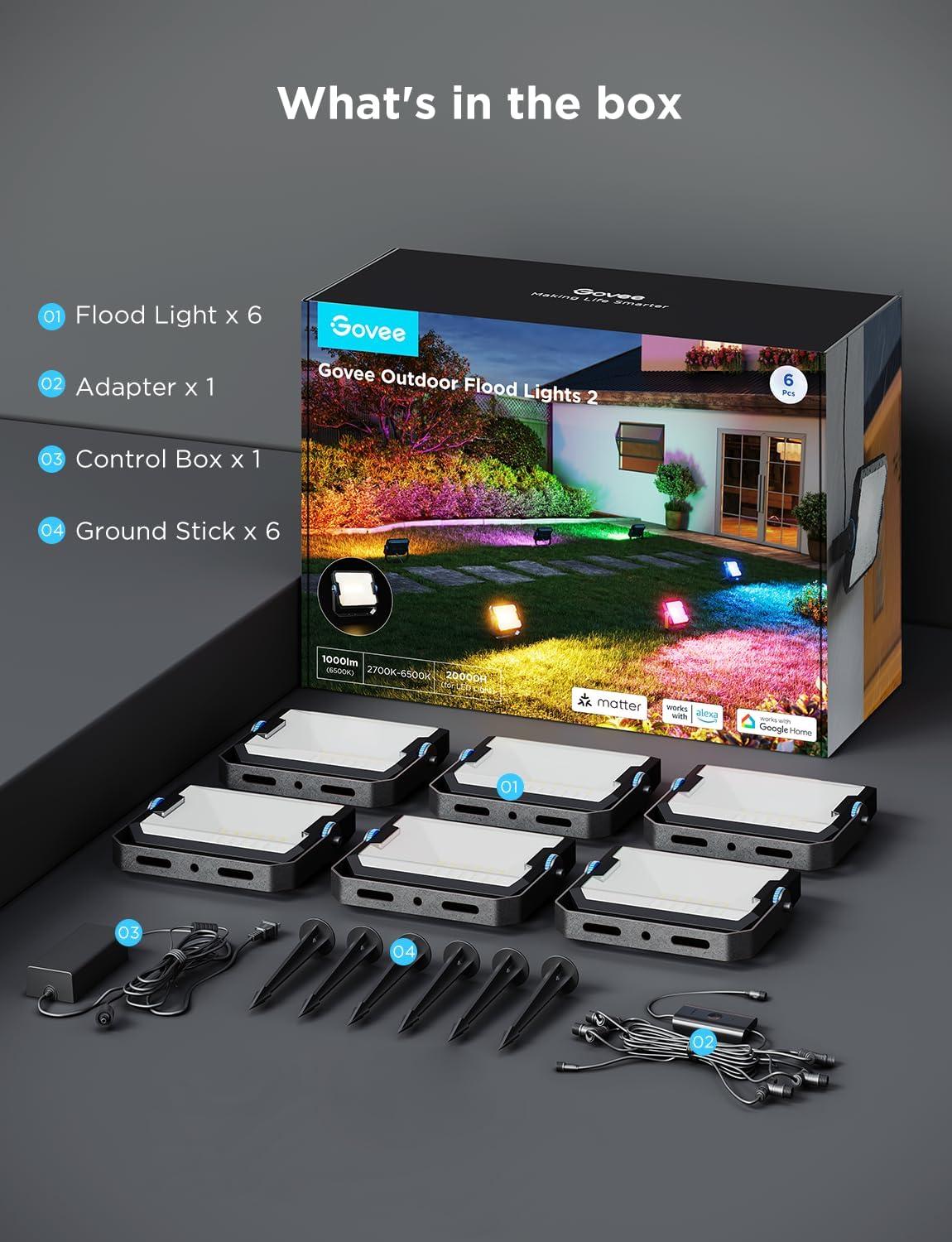 imageGovee Outdoor Flood Lights 2 RGBIC Warm Cold White LED Lights for Outdoor Decorations 50 Scene Modes Landscape Lighting Upgrated IP66 with App Control Wired 4 Pack6 pack