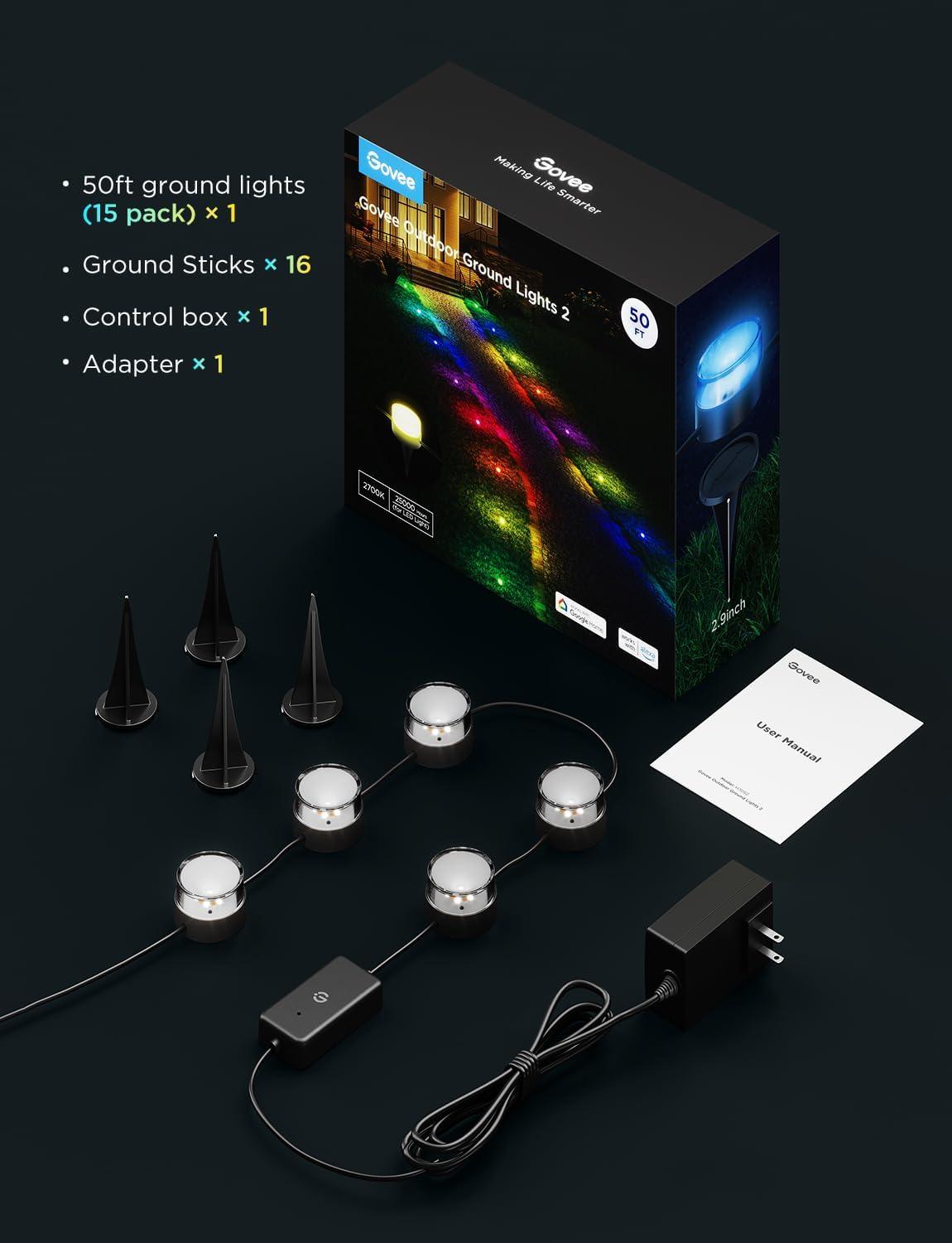 imageGovee Outdoor Ground Lights 2 50ft Patio Decorations 15 Pack RGBIC Pathway Lights with 100LM Warm White IP67 Waterproof 63 Scene Modes Works with Alexa Google Assistant50ft