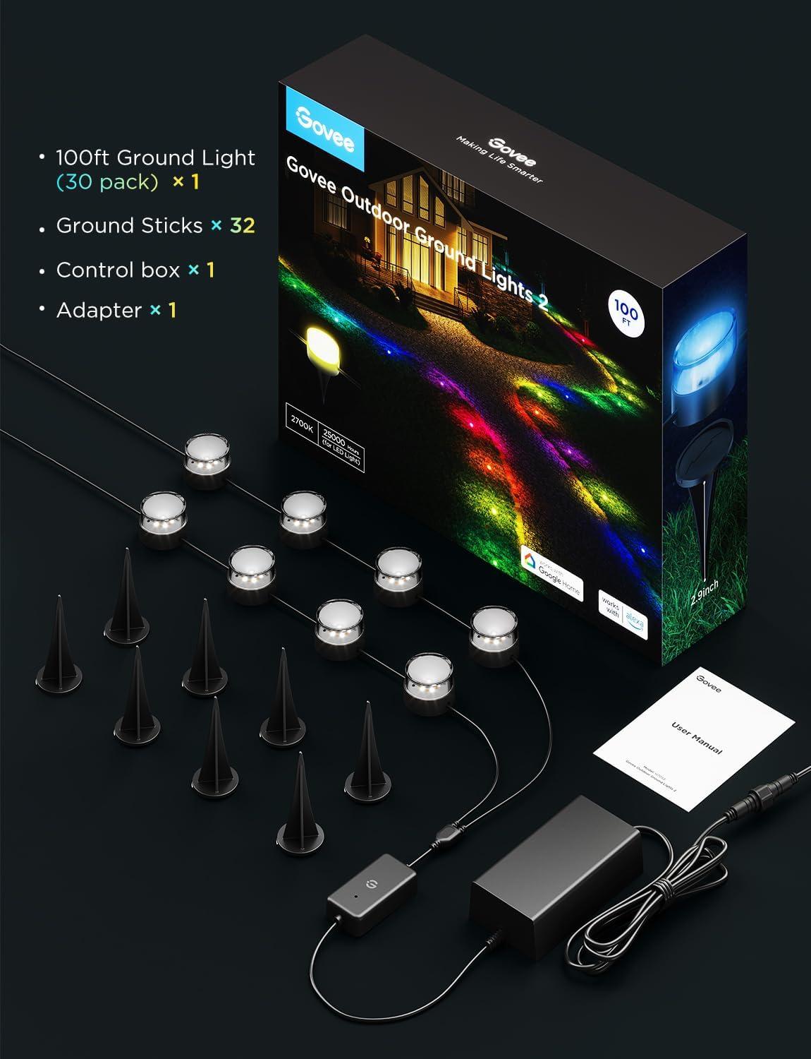 imageGovee Outdoor Ground Lights 2 50ft Patio Decorations 15 Pack RGBIC Pathway Lights with 100LM Warm White IP67 Waterproof 63 Scene Modes Works with Alexa Google Assistant100ft