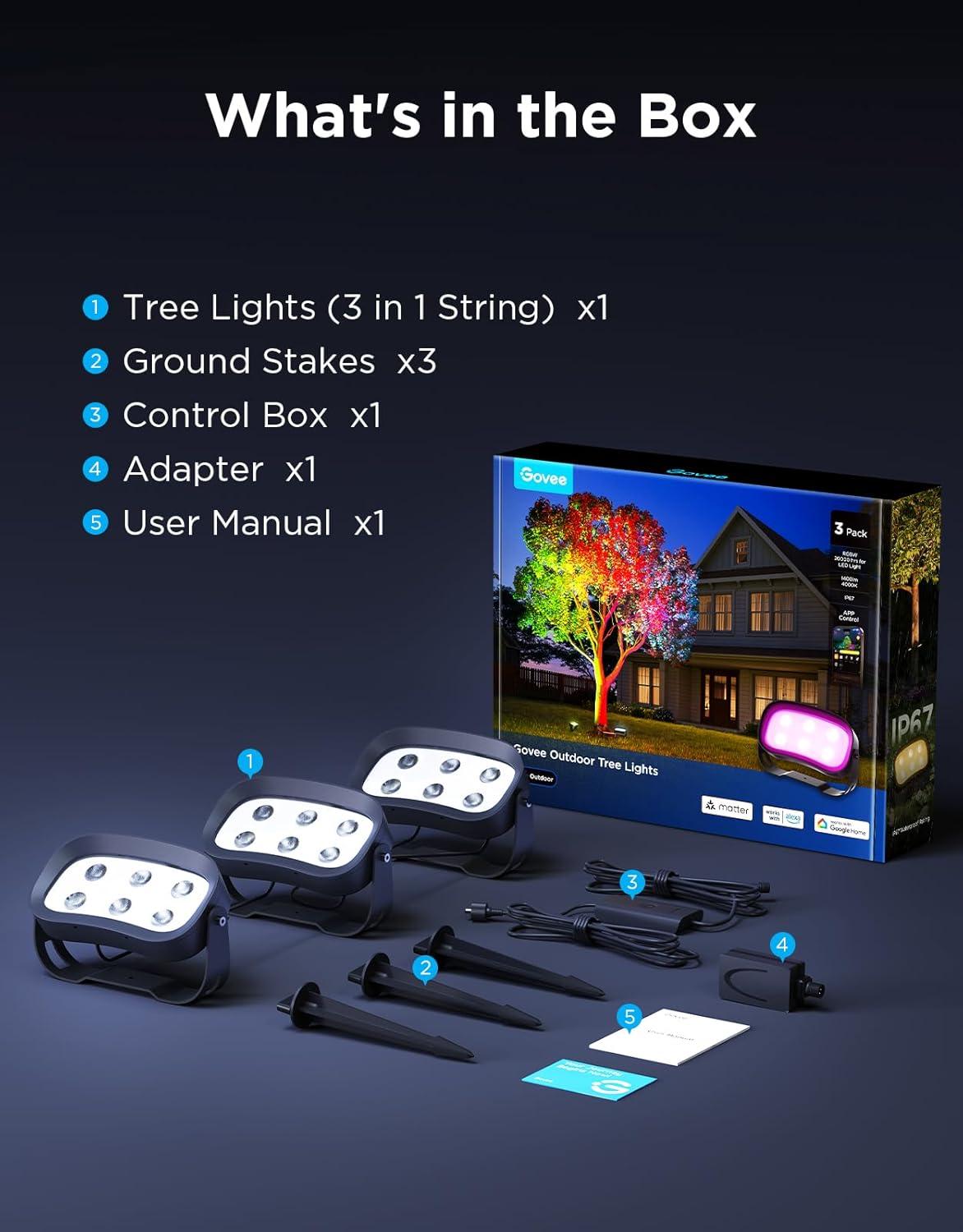 imageGovee Outdoor Tree Lights 3Pack RGBWIC LED Landscape Lighting IP67 Waterproof Outdoor Lights for Yard Patio Garden 66 Scene Modes with App Control Works with Alexa Google Assistant Matter