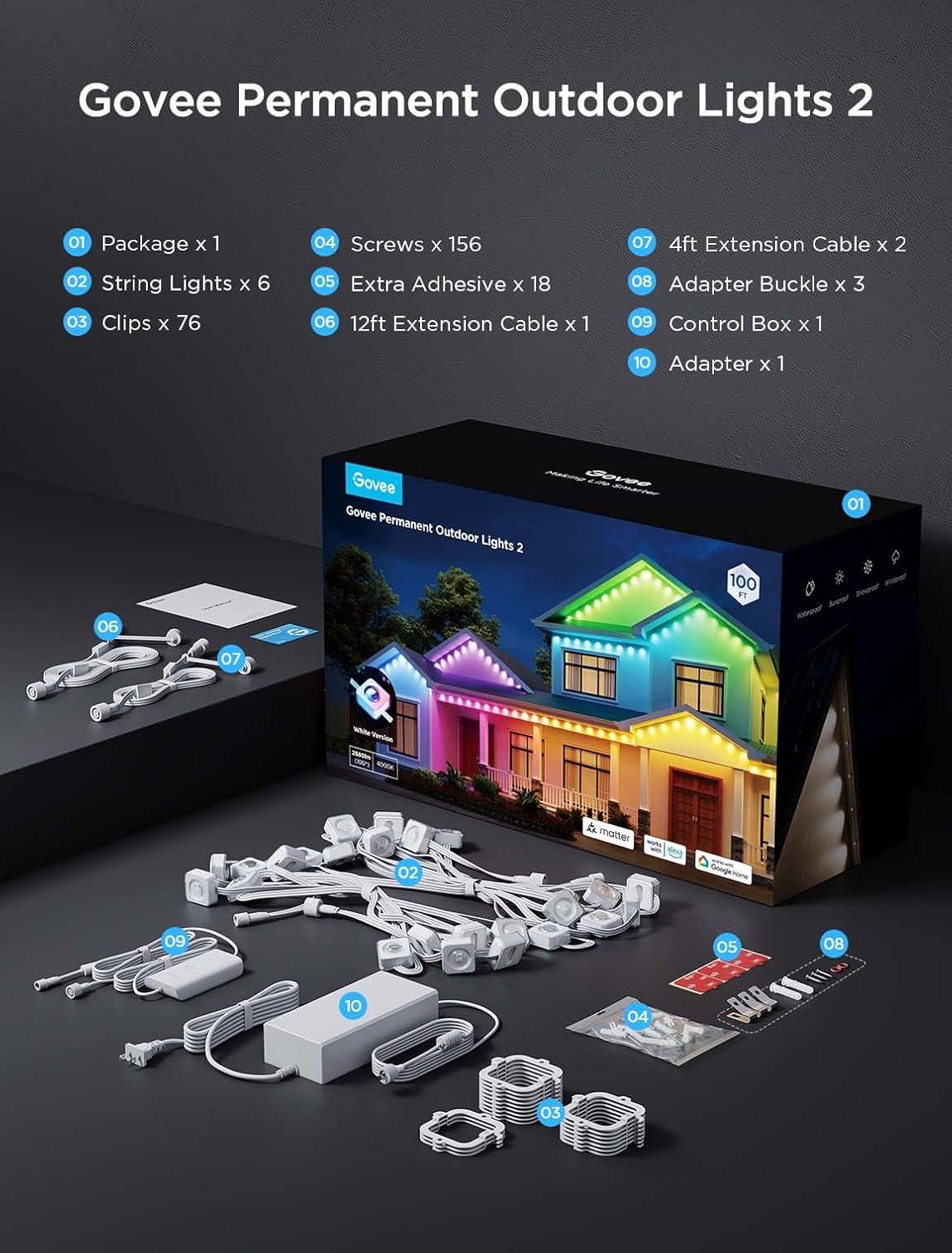 imageGovee Permanent Outdoor Lights 2 100ft RGBIC Outdoor Lights with 72 LED Lights IP67 Waterproof 100 Scene Modes with 40lm White for Outdoor Decorations Works with Alexa Google Assistant WhiteWhite