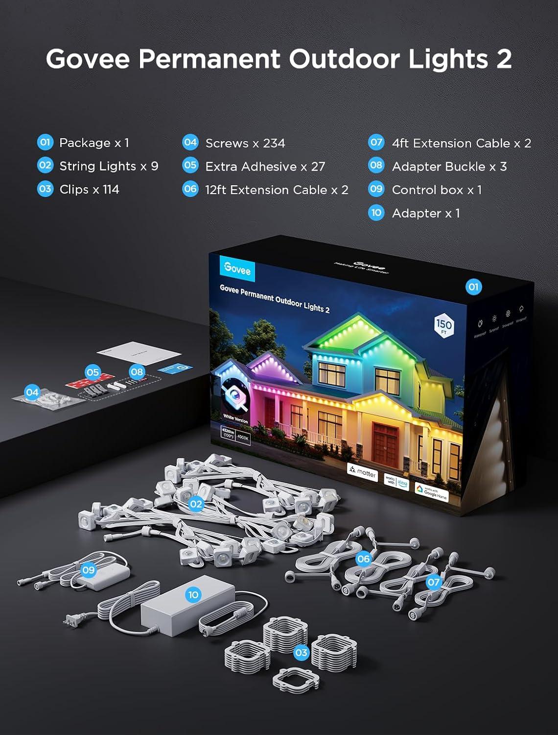 imageGovee Permanent Outdoor Lights 2 100ft RGBIC Outdoor Lights with 72 LED Lights IP67 Waterproof 100 Scene Modes with 40lm White for Outdoor Decorations Works with Alexa Google Assistant WhiteBlack