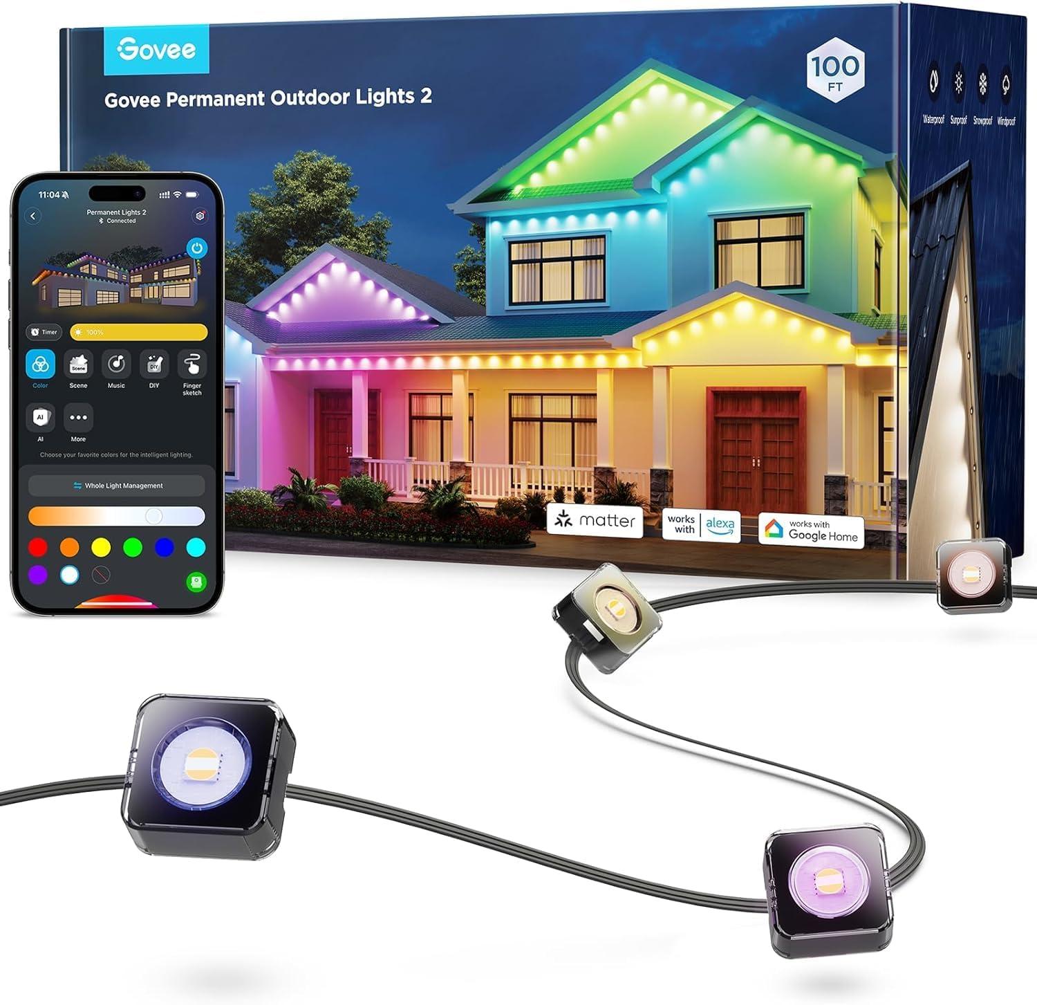 imageGovee Permanent Outdoor Lights 2 100ft RGBIC Outdoor Lights with 72 LED Lights IP67 Waterproof 100 Scene Modes with 40lm White for Outdoor Decorations Works with Alexa Google Assistant WhiteBlack