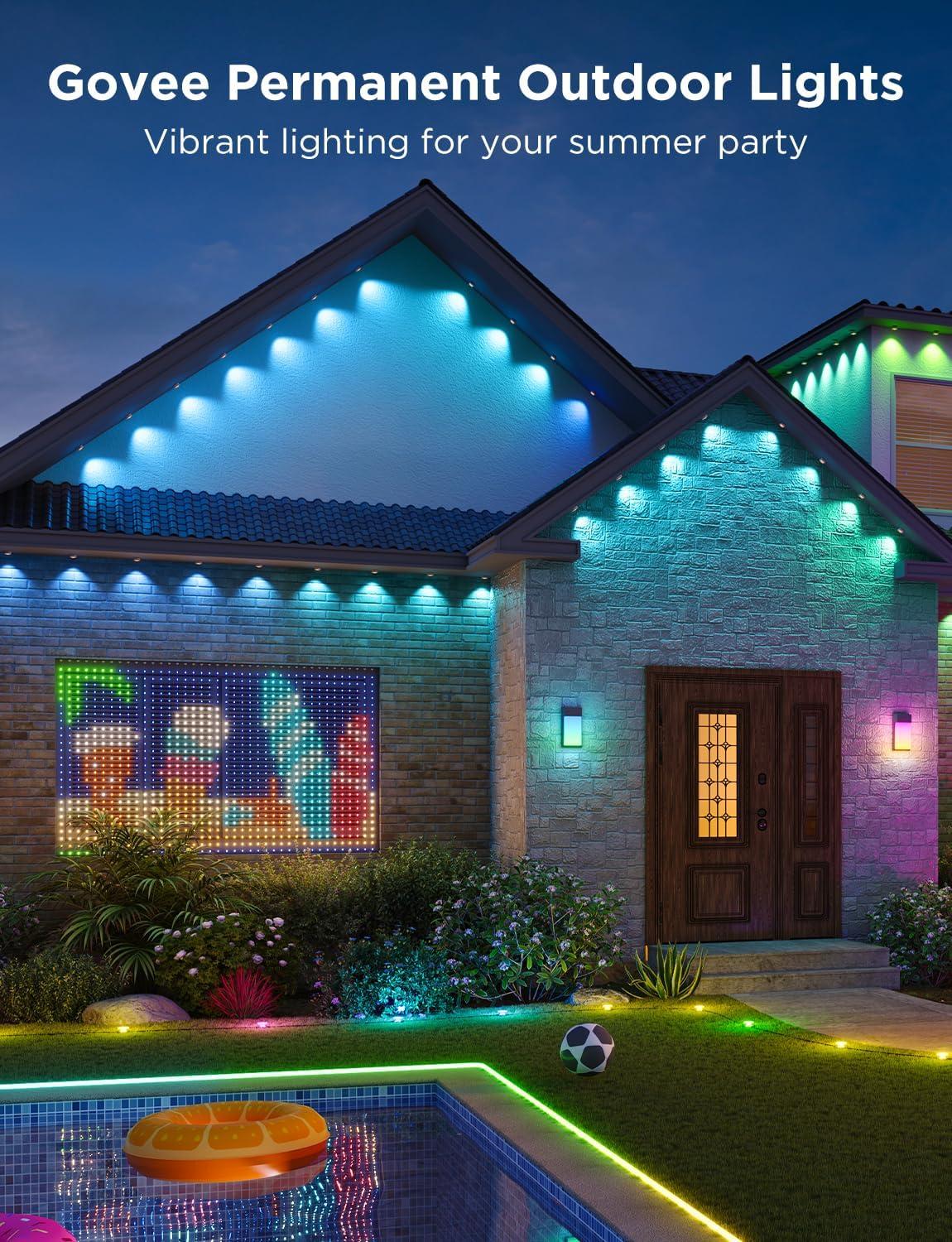 imageGovee Permanent Outdoor Lights 2 100ft RGBIC Outdoor Lights with 72 LED Lights IP67 Waterproof 100 Scene Modes with 40lm White for Outdoor Decorations Works with Alexa Google Assistant WhiteBlack