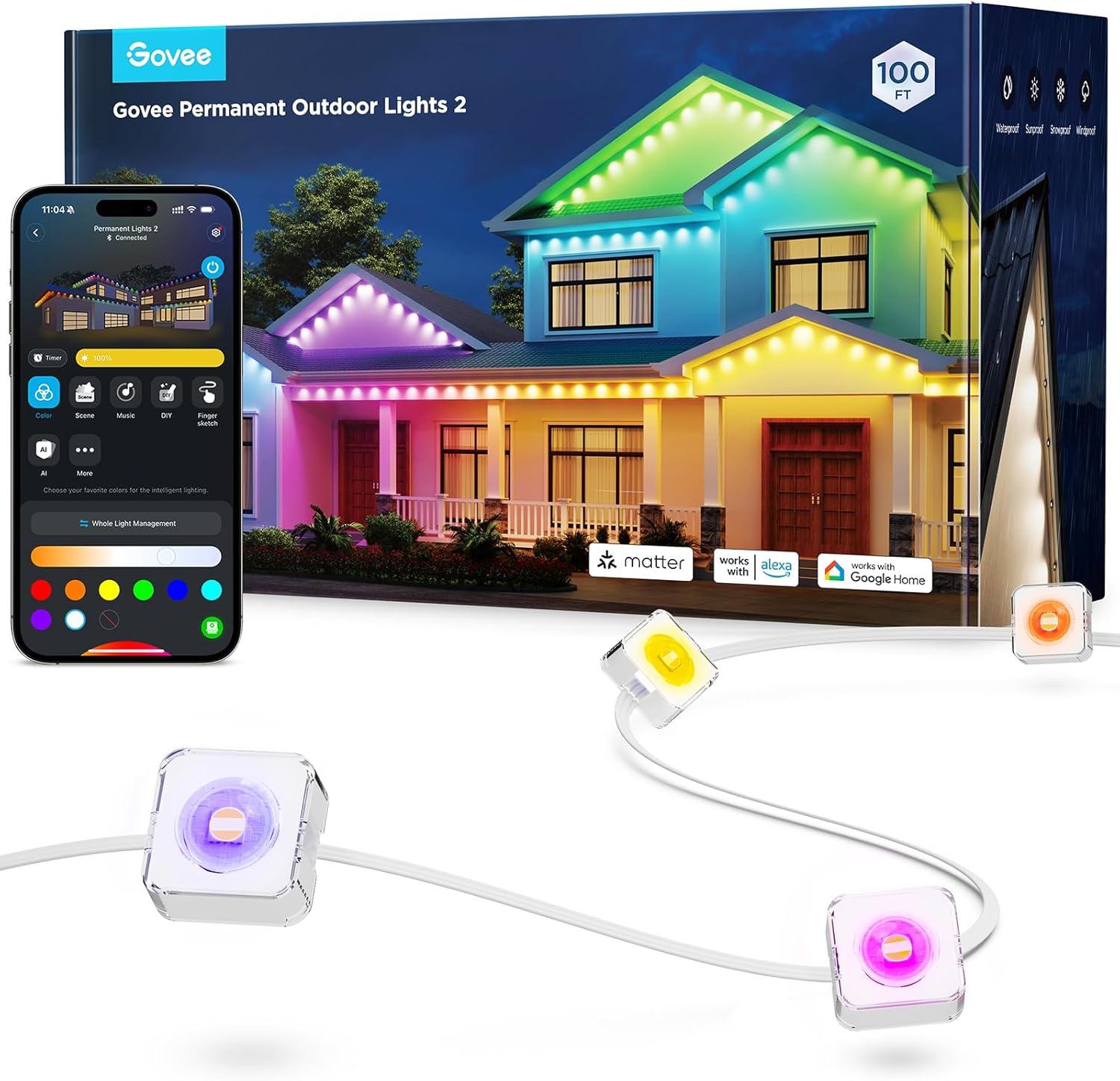 imageGovee Permanent Outdoor Lights 2 100ft RGBIC Outdoor Lights with 72 LED Lights IP67 Waterproof 100 Scene Modes with 40lm White for Outdoor Decorations Works with Alexa Google Assistant WhiteWhite