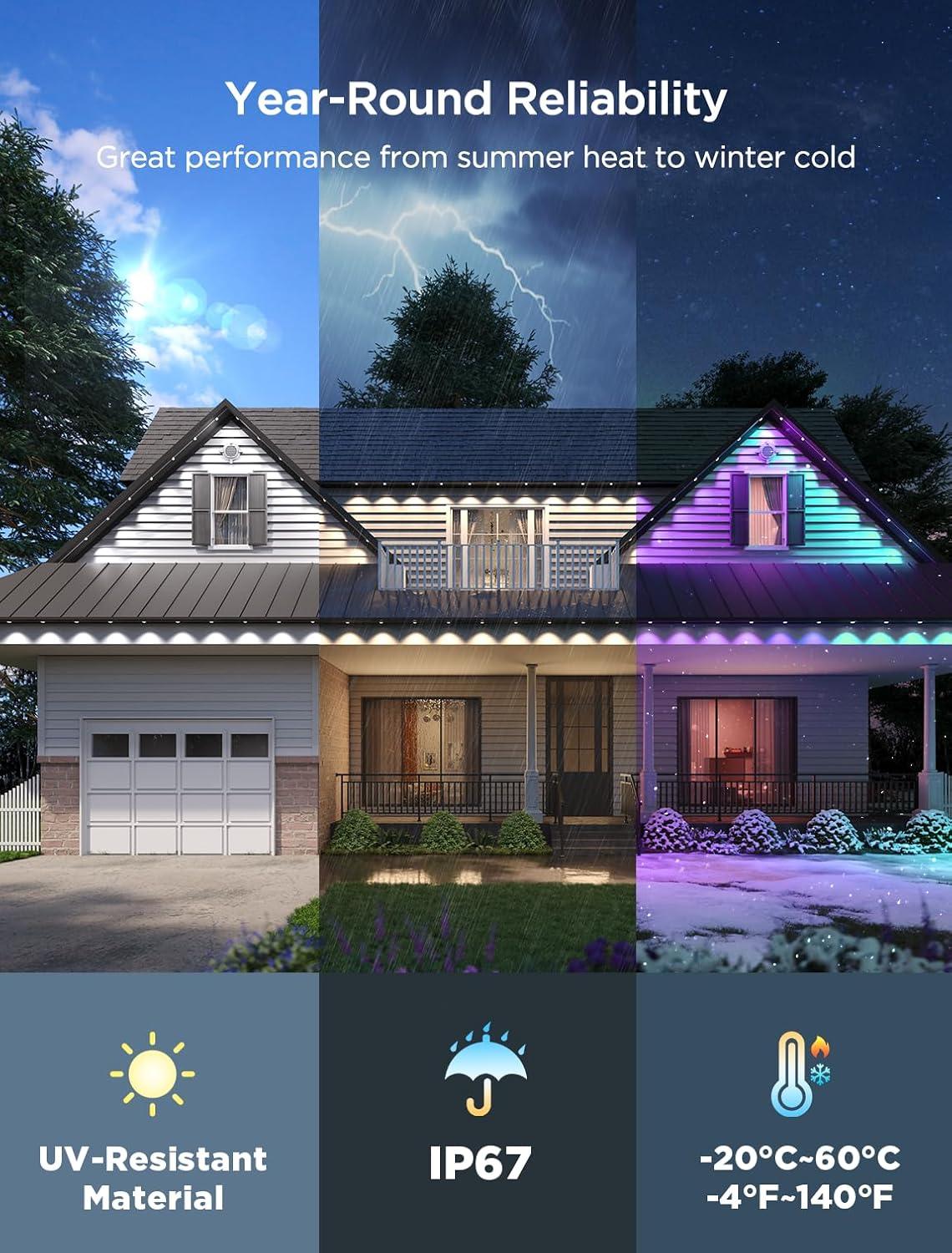 imageGovee Permanent Outdoor Lights 2 100ft RGBIC Outdoor Lights with 72 LED Lights IP67 Waterproof 100 Scene Modes with 40lm White for Outdoor Decorations Works with Alexa Google Assistant WhiteBlack