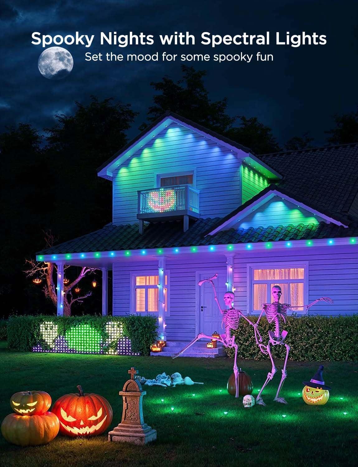 imageGovee Permanent Outdoor Lights 2 100ft RGBIC Outdoor Lights with 72 LED Lights IP67 Waterproof 100 Scene Modes with 40lm White for Outdoor Decorations Works with Alexa Google Assistant WhiteBlack
