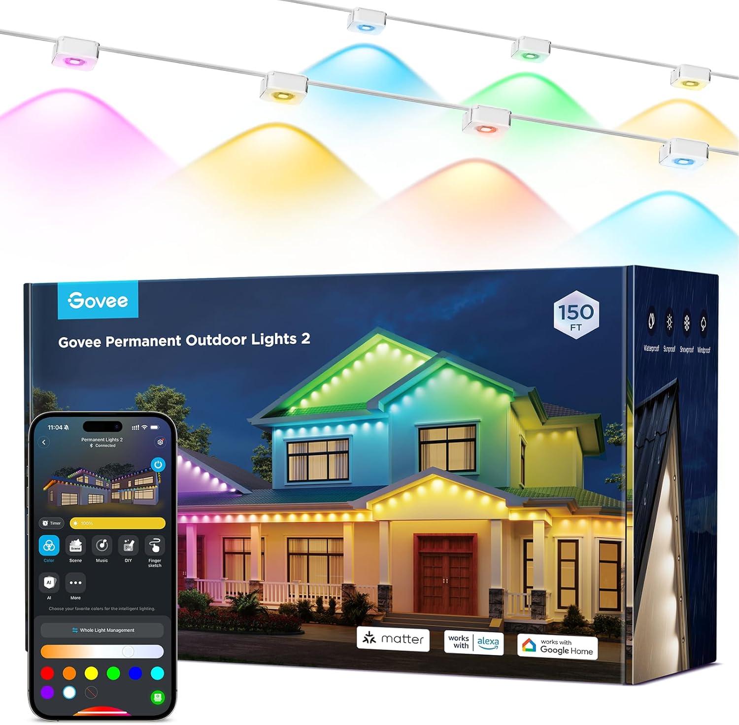 imageGovee Permanent Outdoor Lights 2 100ft RGBIC Outdoor Lights with 72 LED Lights IP67 Waterproof 100 Scene Modes with 40lm White for Outdoor Decorations Works with Alexa Google Assistant WhiteWhite
